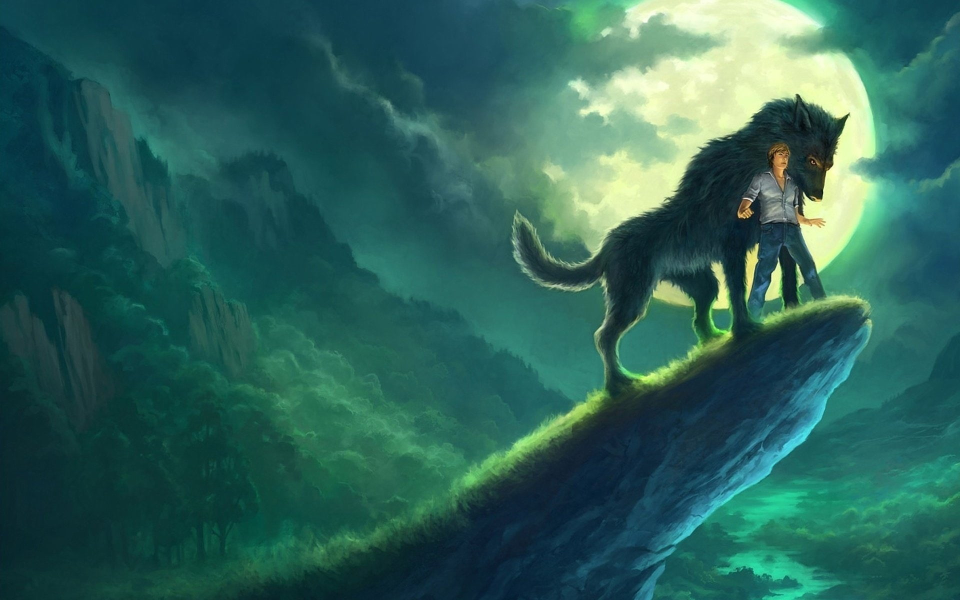 night, rock, Rocha, man, Andreas, art, wolf, clouds, river, 1080P, rocks, HD Wallpaper