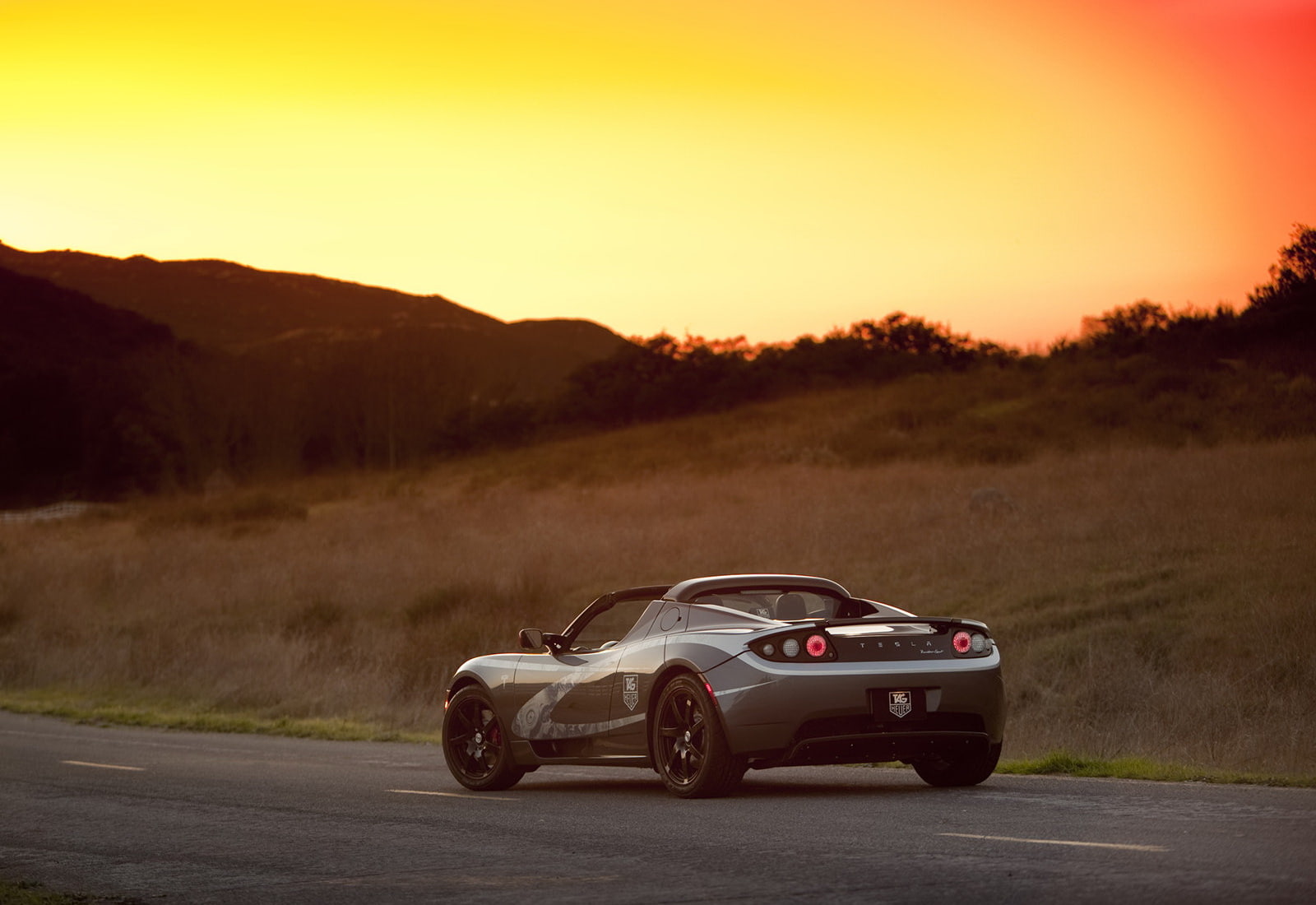 mode of transportation, mountain, motor vehicle, car, on the move, heuer, nature, luxury, tesla, roadster, dusk, sunset, transportation, sunlight, speed, HD Wallpaper