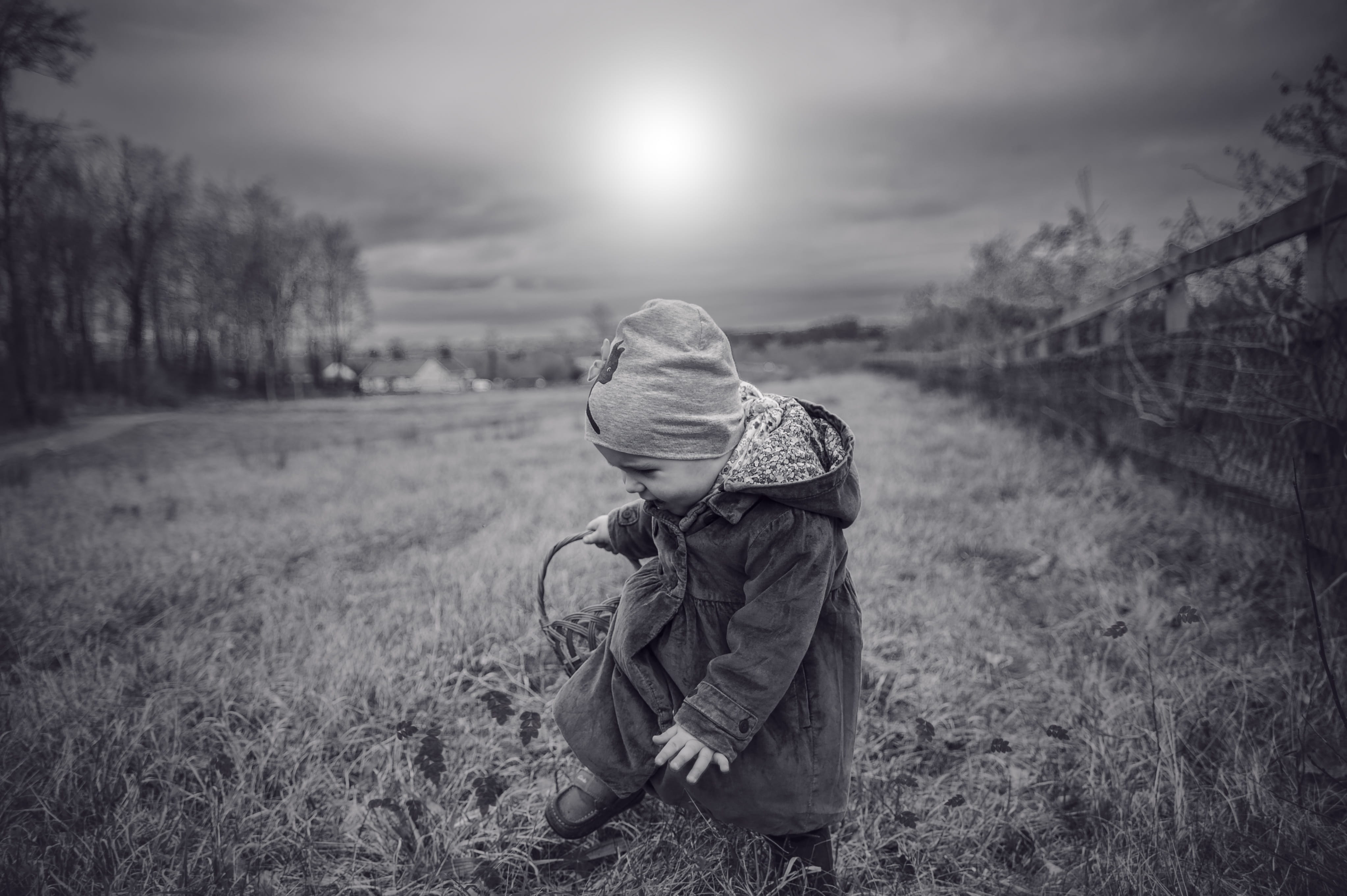 grayscale, hood, ground, males, bonnet, child, outdoors, hat, men, preschool student, sun, nature, ok, lifestyles, one person, standing, countryside, land, HD Wallpaper