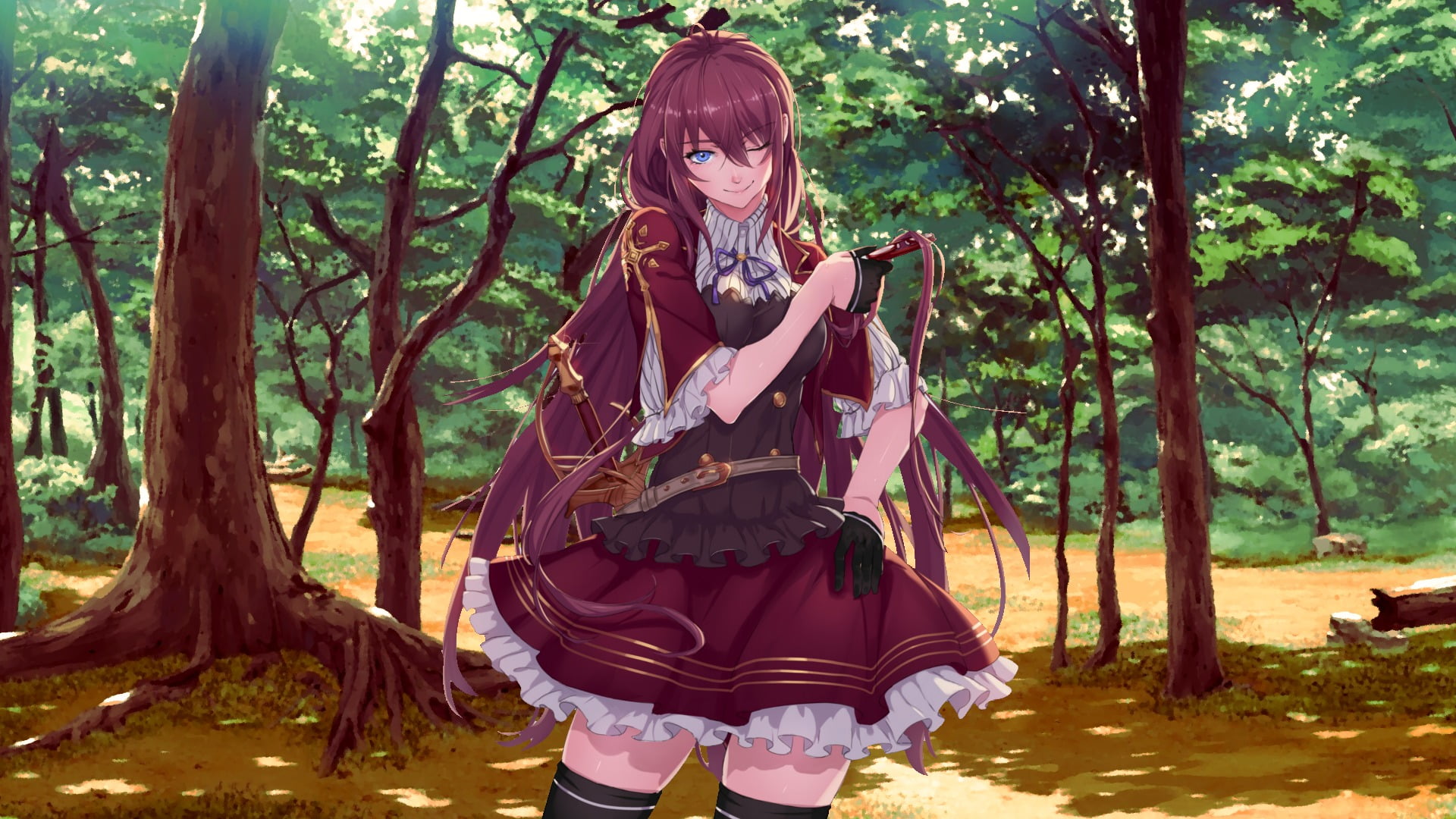 dress, nature, day, tree, forest, three quarter length, rapier, young women, leisure activity, anime girls, one person, front view, young adult, blue eyes, HD Wallpaper