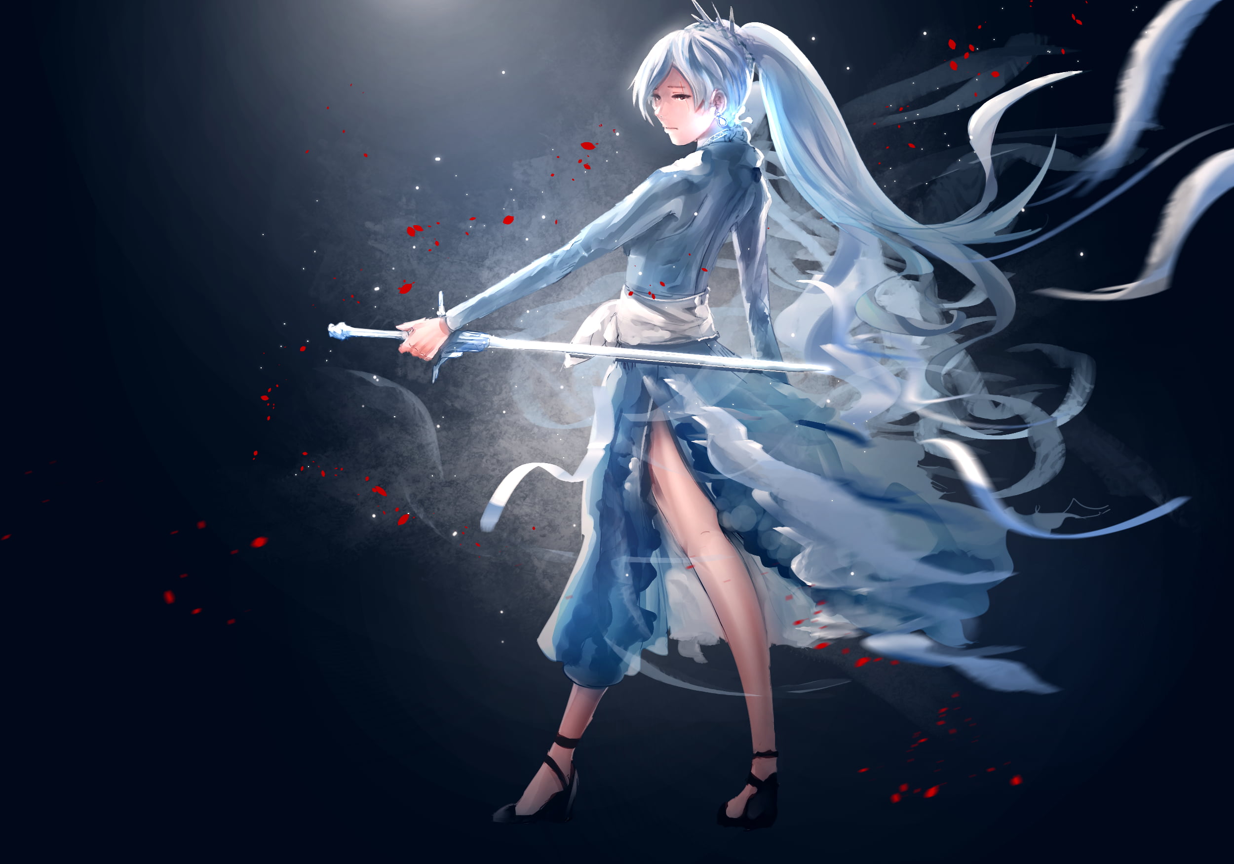 anime girls, Weiss Schnee, pigtails, fan art, rapier, RWBY, white hair, 1080P, skirt, Myrtenaster, frost, long hair, digital art, HD Wallpaper