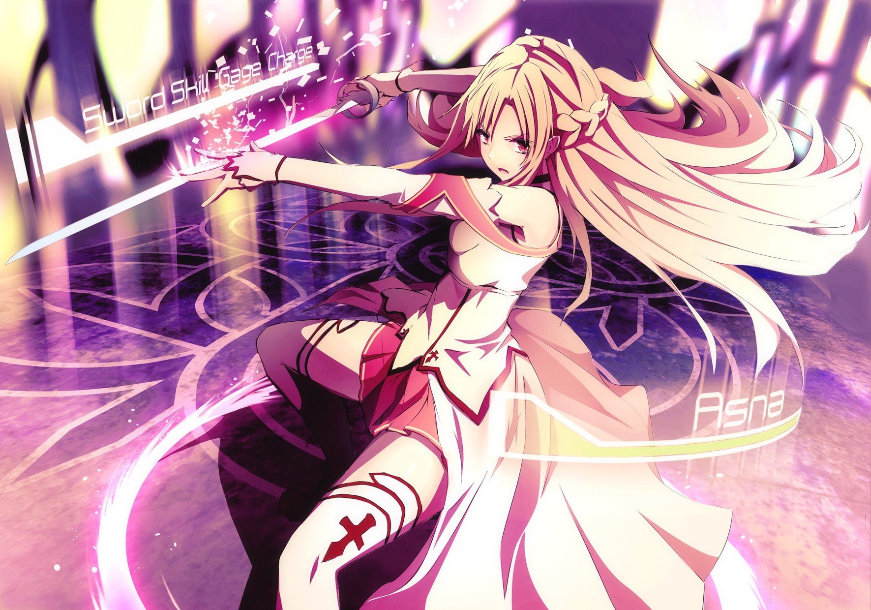 online, hair, thigh, short, anime, long, asuna, pink, sword, rapier, swords, 720P, art, skirts, braids, yuuki, girls, weapons, highs, eyes, HD Wallpaper