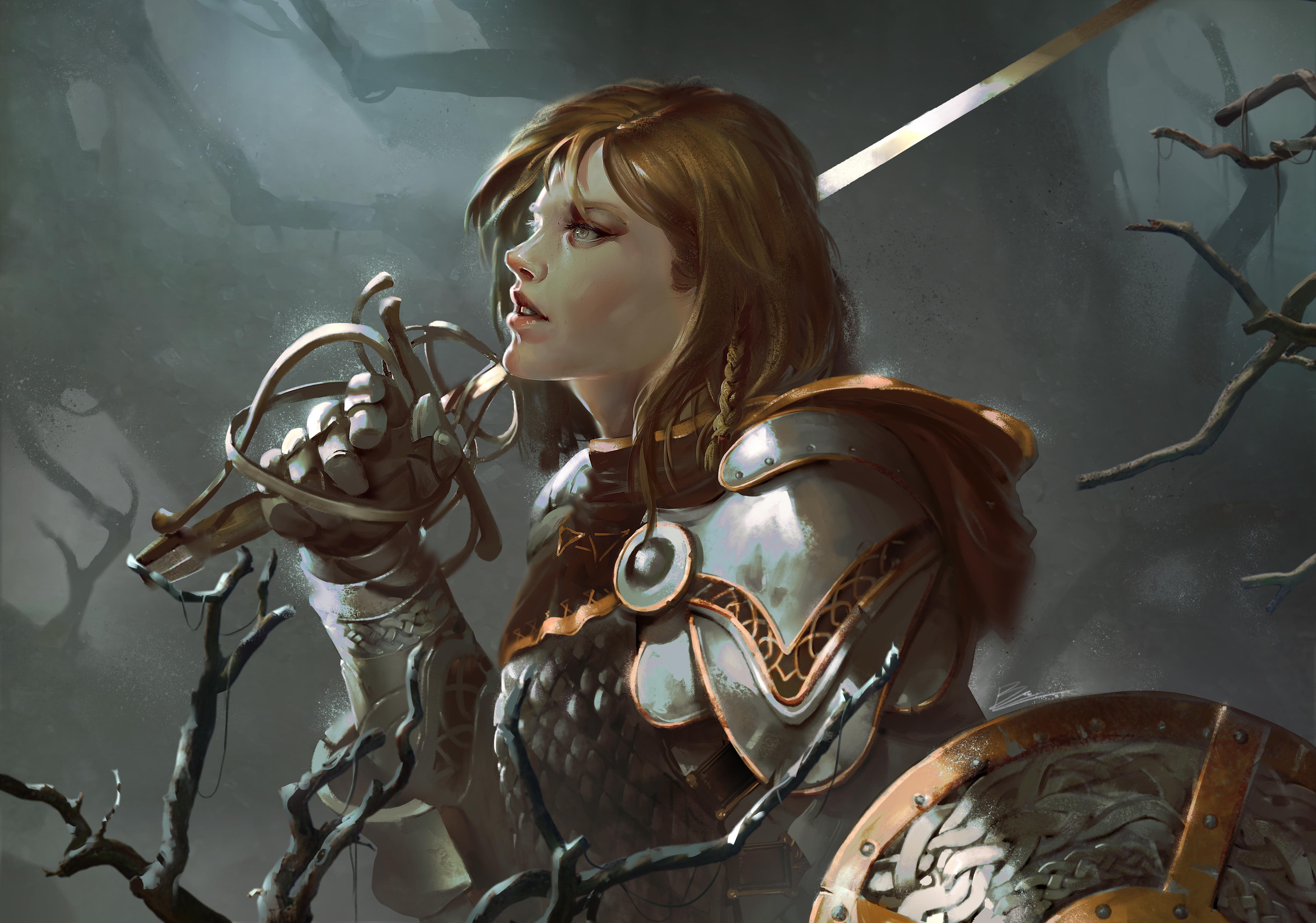 rapier, girl, shield, armor, sword, 4K, weapons, HD Wallpaper