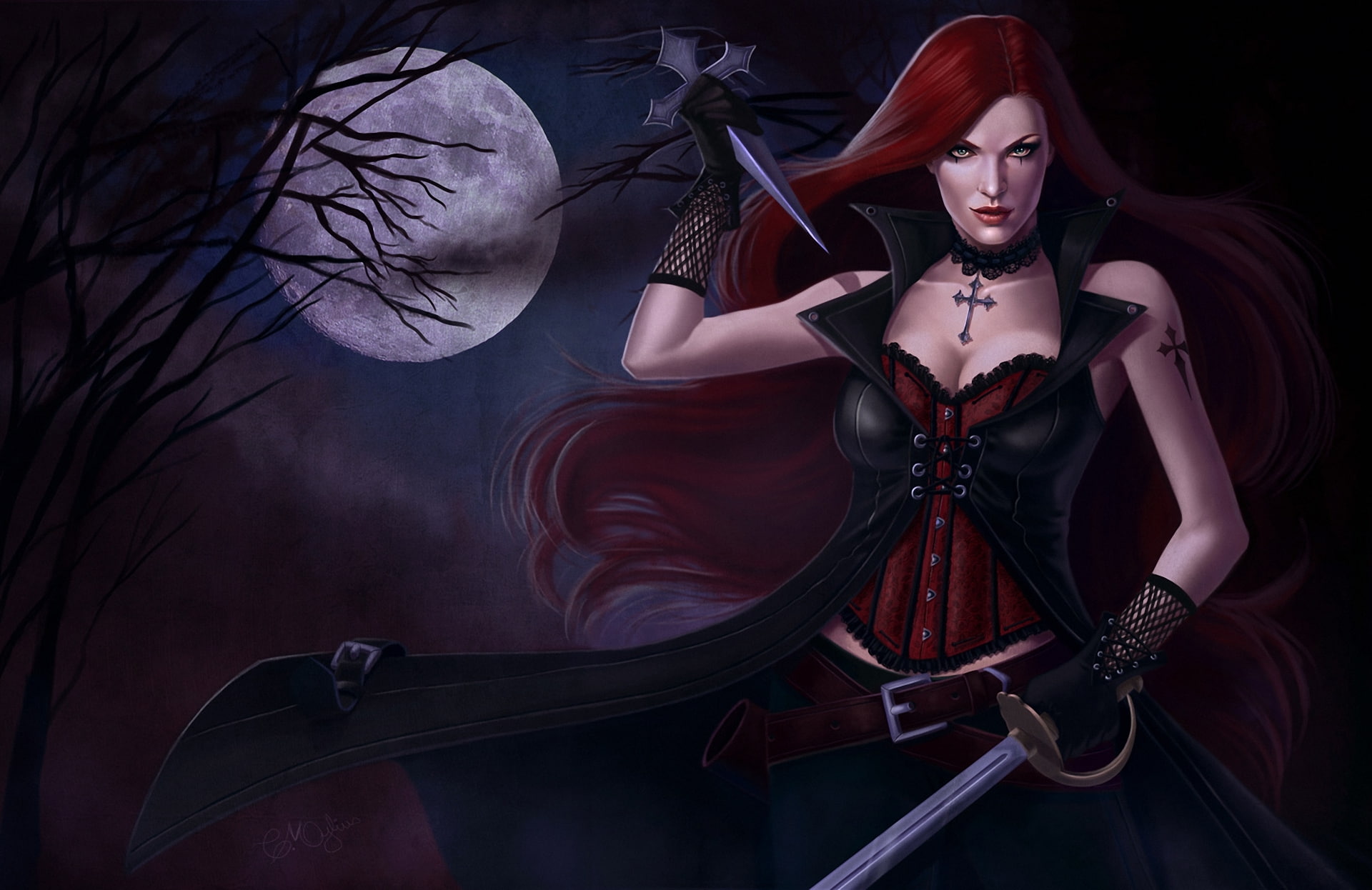 night, rapier, girl, the moon, art, crosses, 1080P, weapons, hunter, HD Wallpaper