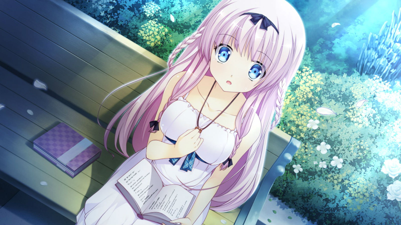 720P, hair, book, game, mtu, eyes, headband, fuuka, yuzuki, bench, flowers, girls, blue, pink, petals, dress, ambitious, long, HD Wallpaper