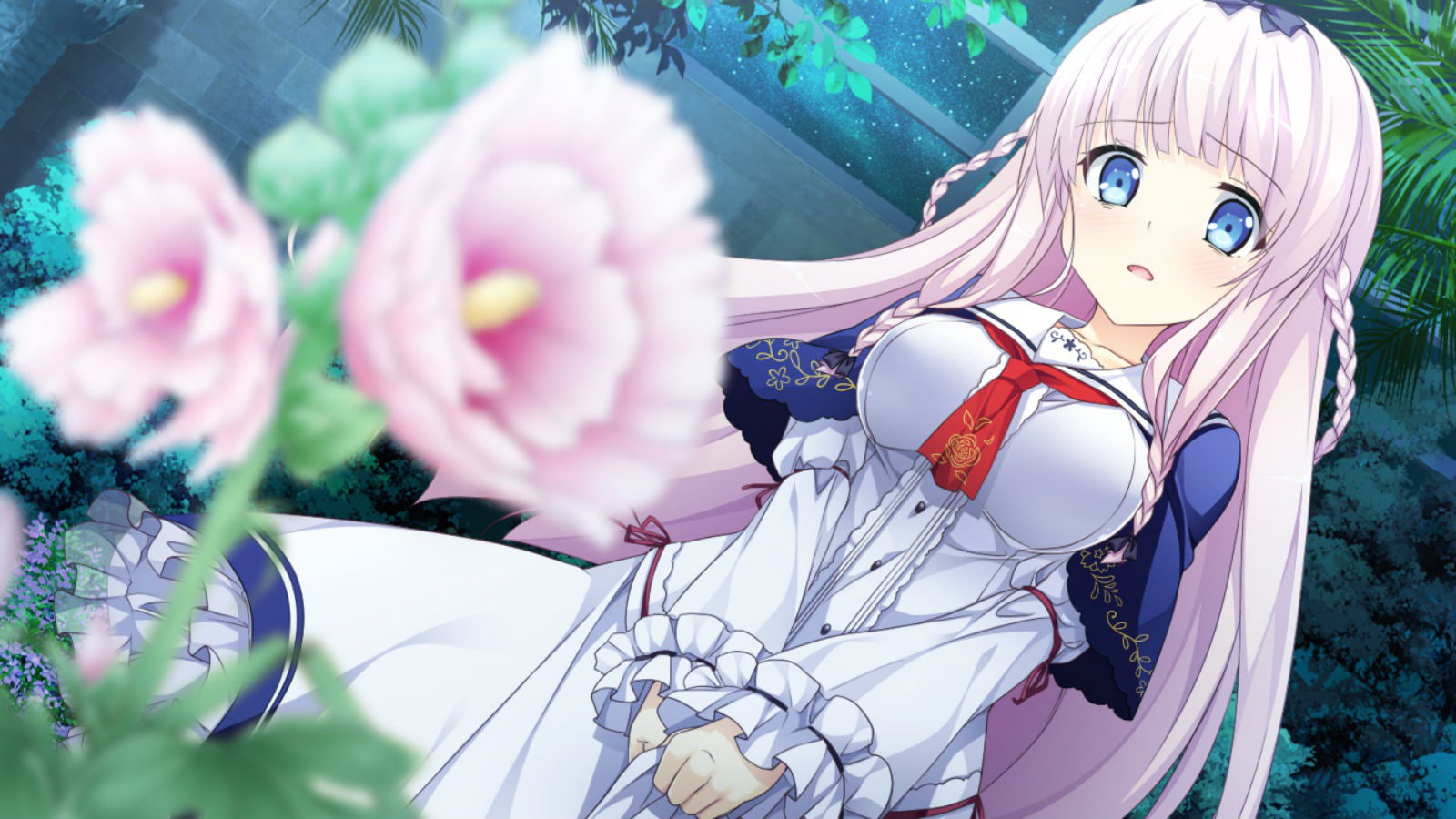 blue, 720P, mtu, eyes, seifuku, girls, hair, ambitious, fuuka, long, game, flowers, pink, yuzuki, tears, HD Wallpaper