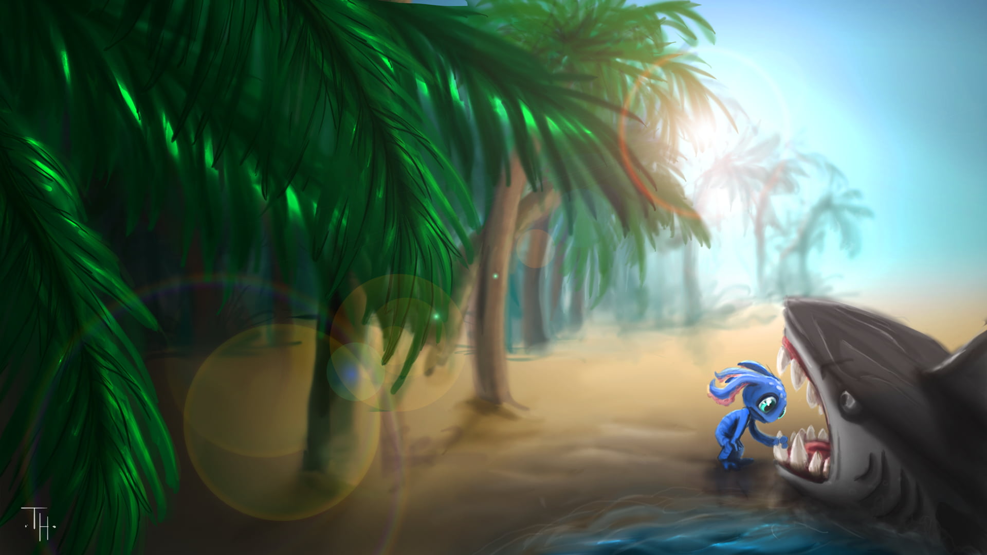 tree, water, plant, day, palm tree, shark, tropical, swimming, swimming pool, 1080P, nature, fizz, tropical climate, lifestyles, leisure activity, drawing, HD Wallpaper
