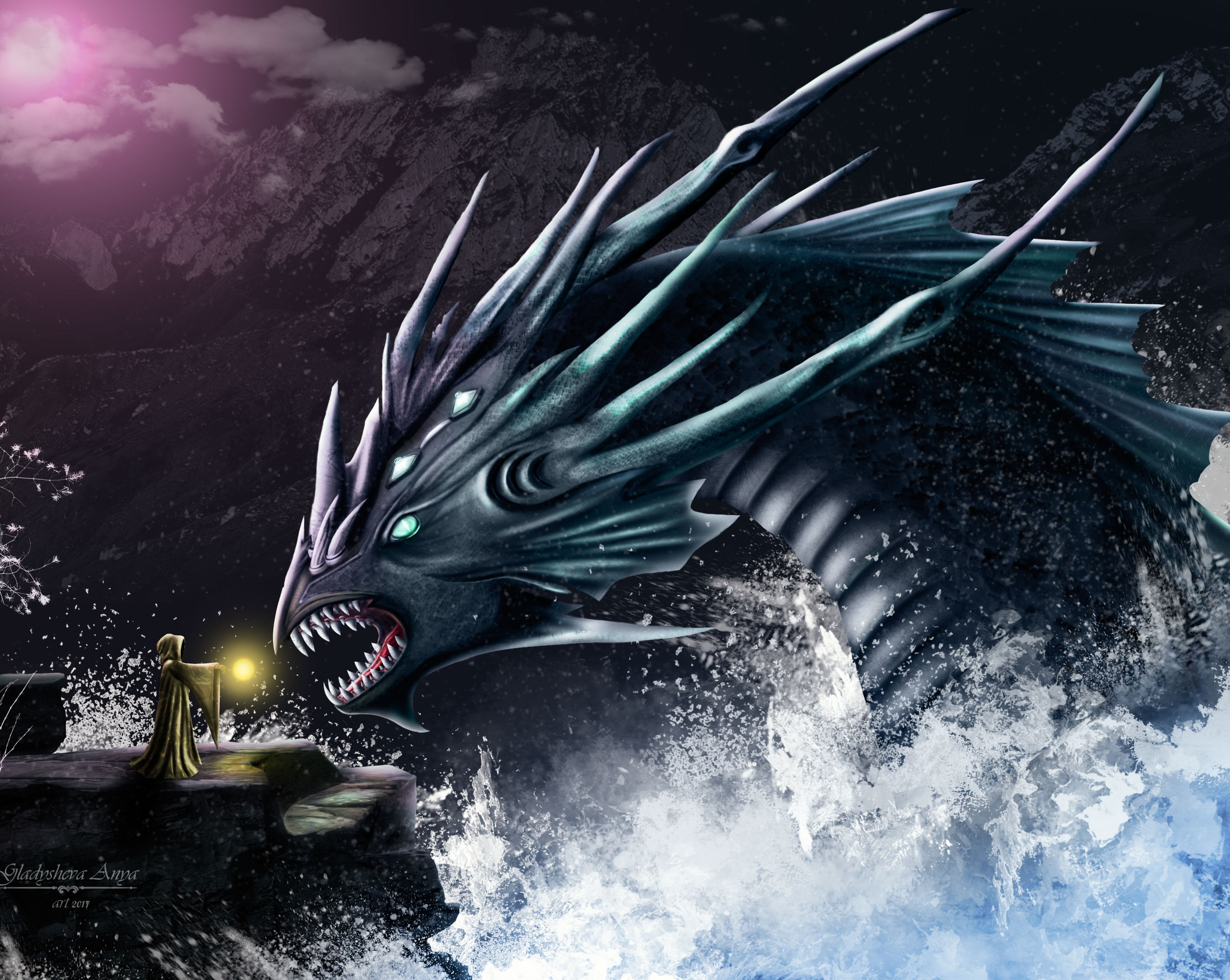 water, rocks, fiction, the wizard, conqueror, sea monster, sea dragon, 2K, art, wave, dragon, night, HD Wallpaper