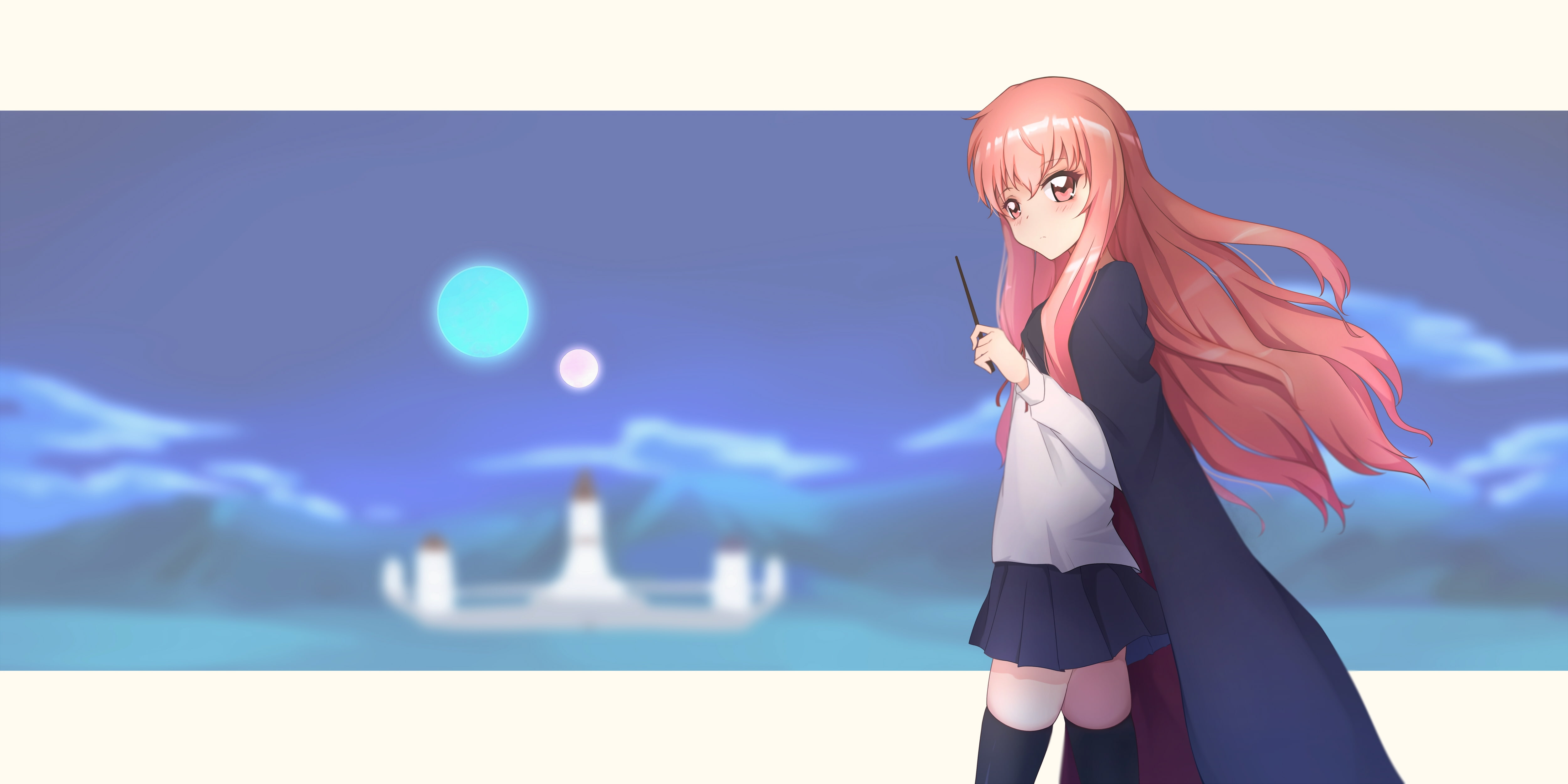 blue, young women, business person, Anime, hairstyle, front view, blond hair, nature, adult, sky, fashion, louise francoise le blanc de la valliere, pink hair, HD Wallpaper