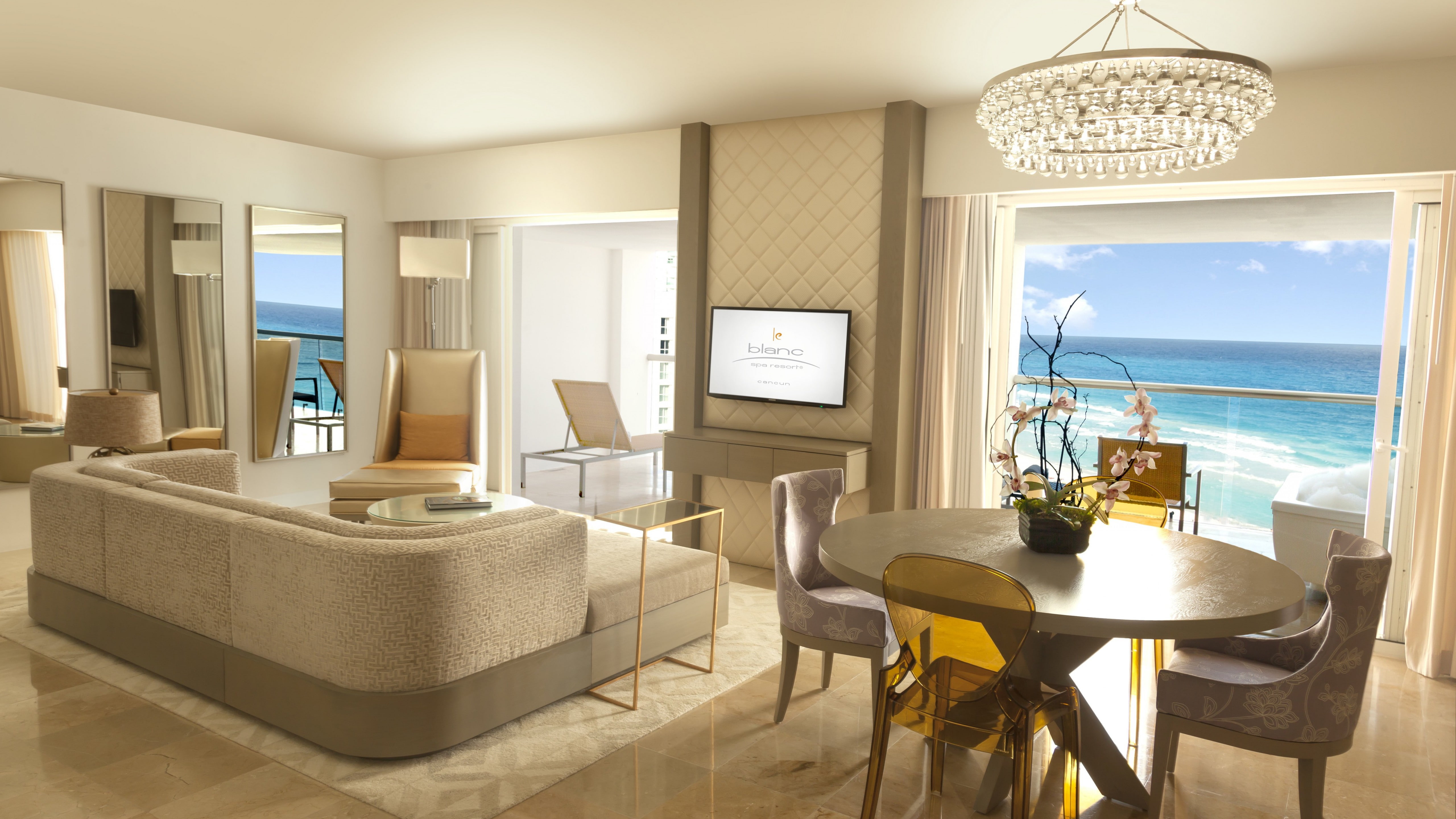 sofa, turned, ocean, flat, screen, Le Blanc Spa Resort, area, next, dining, white, sea, Best Hotels of 2015, room, set, vacation, travel, tourism, living, HD Wallpaper