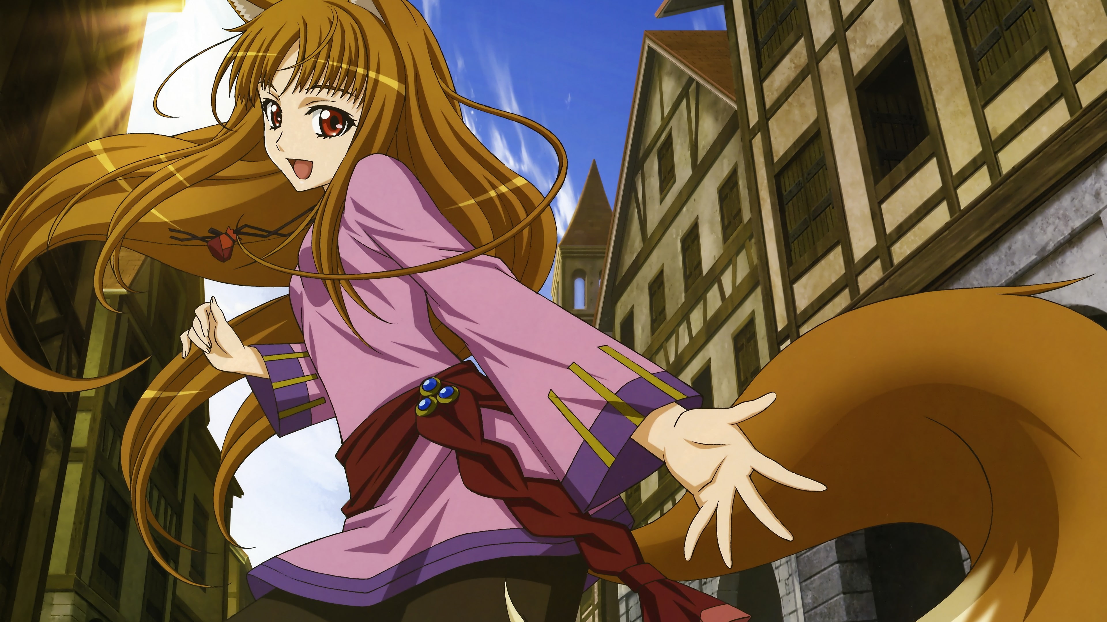 outdoors, art and craft, nature, sculpture, anime girls, architecture, multi colored, low angle view, Spice and Wolf, sunlight, 4K, day, Okamimimi, building exterior, HD Wallpaper