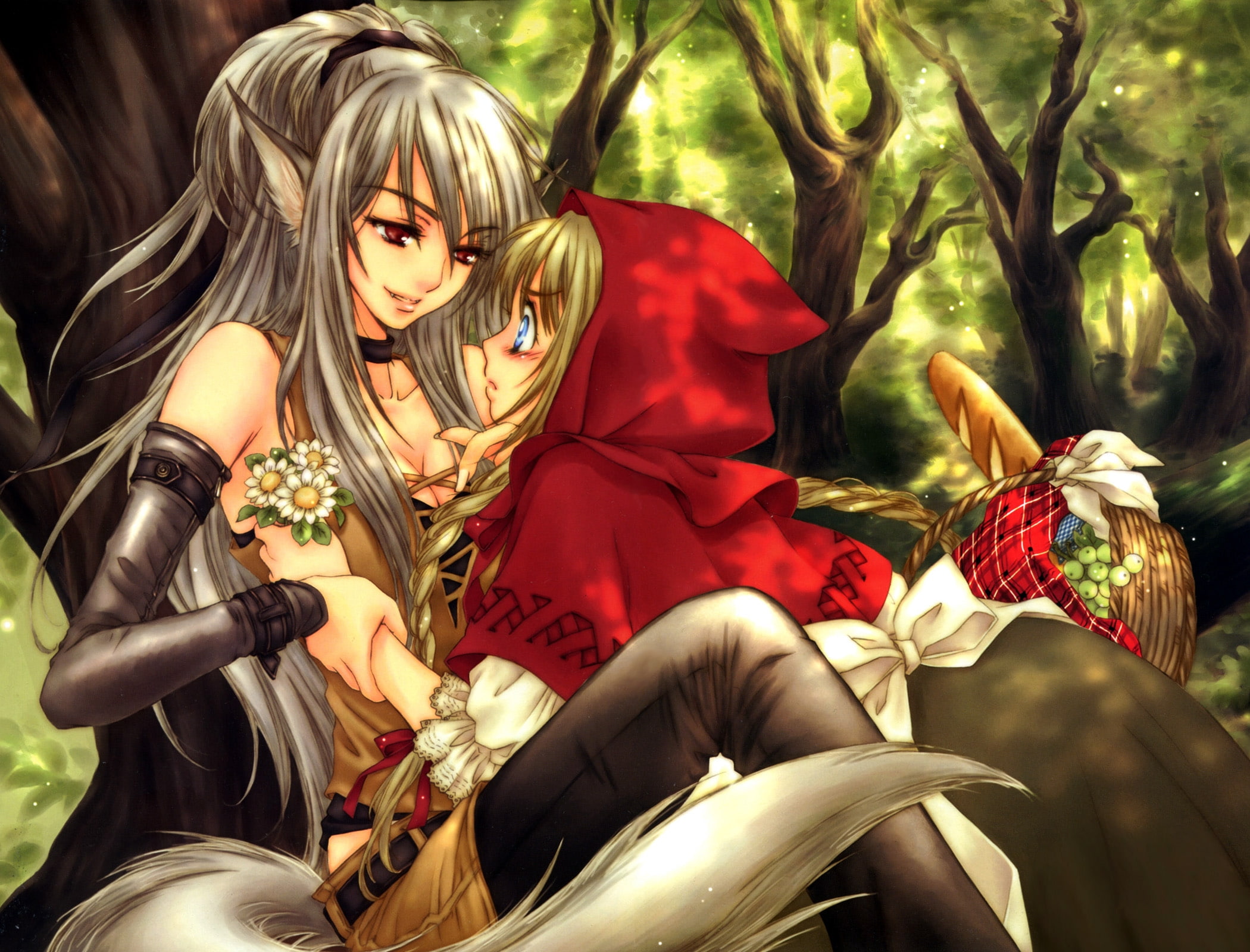 red, hood, flowers, shio, tail, sakura, ears, wolf, 1080P, riding, animal, big, yuri, bad, food, eyes, HD Wallpaper