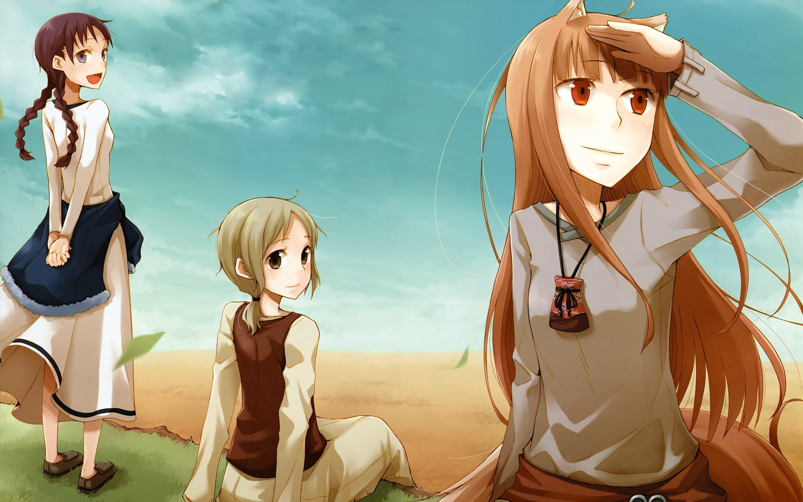 nature, women, day, togetherness, adult, young women, 2K, young adult, people, lifestyles, real people, sitting, Spice and Wolf, anime, Okamimimi, Holo, HD Wallpaper