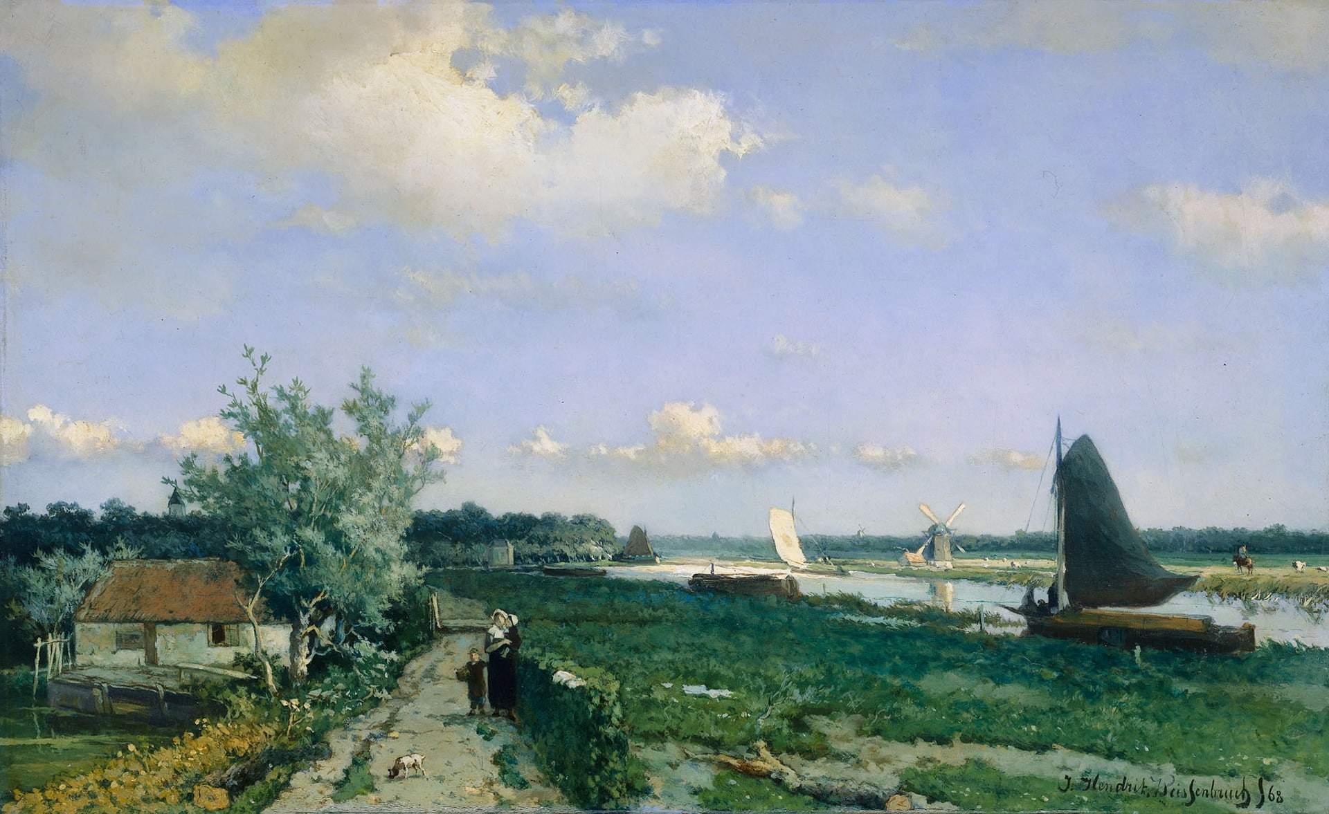 Johan Hendrik Weissenbruch, tree, oil, landscape, 1080P, picture, boat, The shipping Canal at Rijswijk, sail, HD Wallpaper