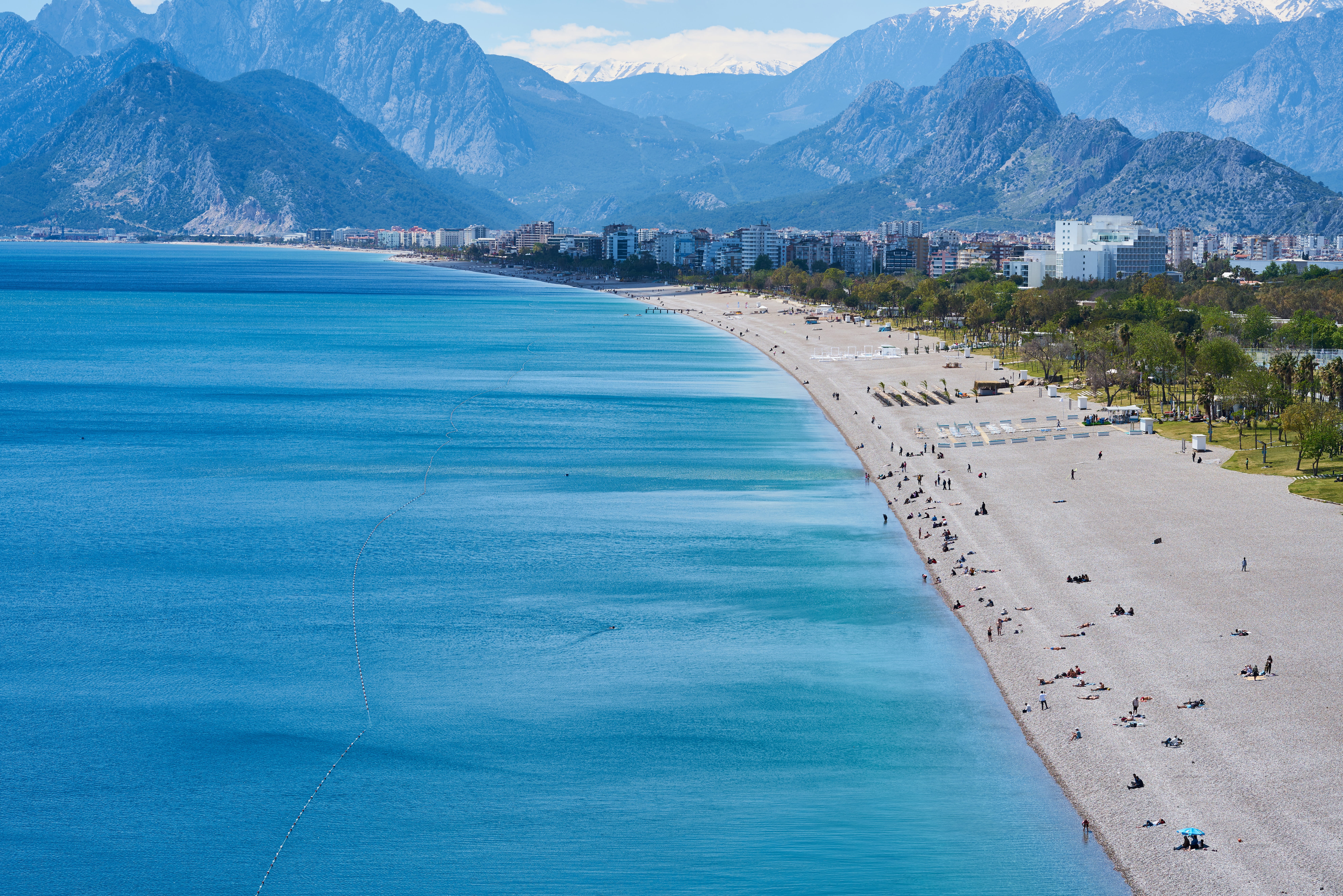 turquoise colored, water, mountain, 8K, sand, land, turkey, view, tranquility, relax, sea, tourism, beach, summer, pastoral, antalya, travel destinations, HD Wallpaper