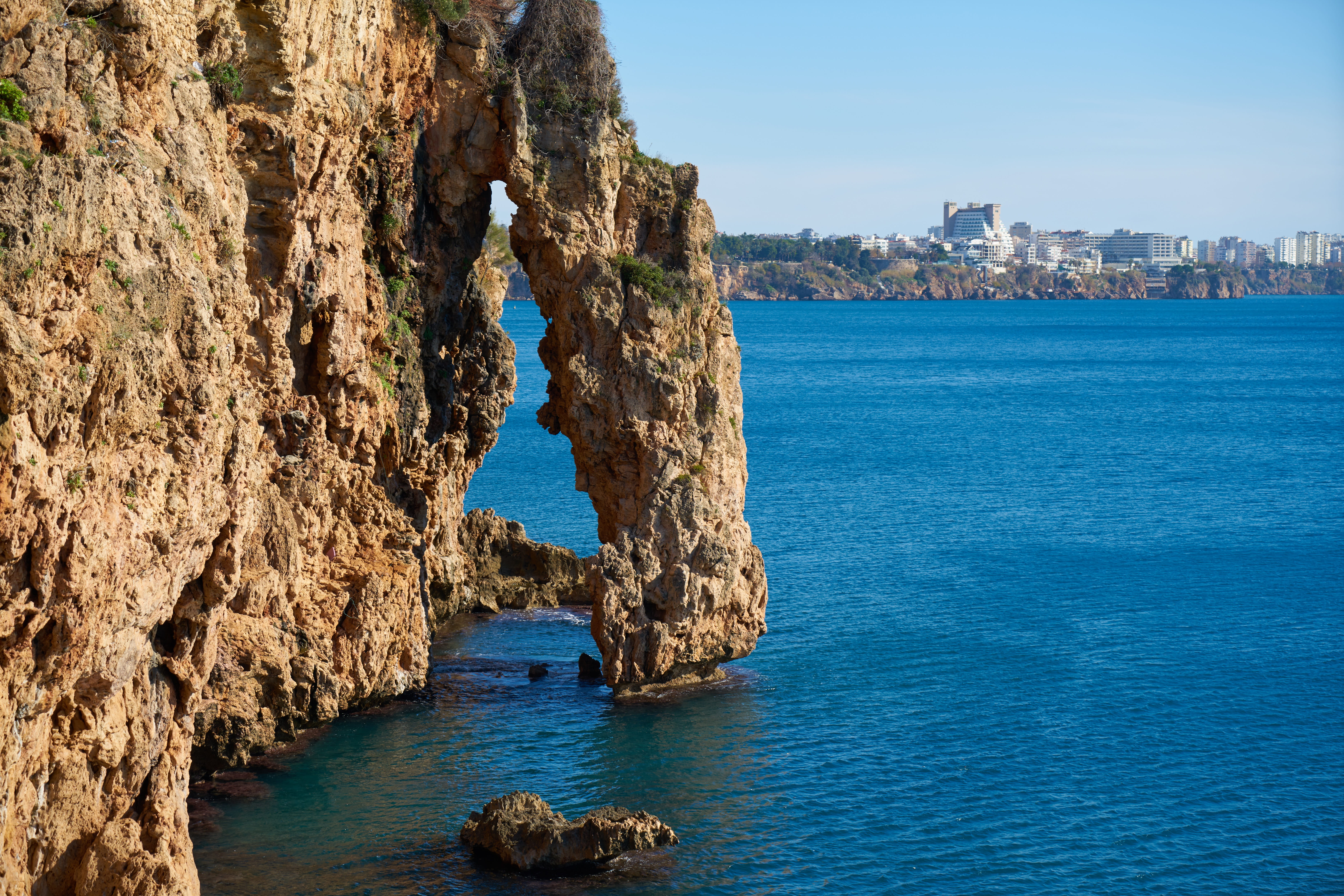 built structure, beauty in nature, open, day, rest, cliff, sky, solid, blue, color, wave, summer, outdoors, no people, rock - object, beach, marine, sea, HD Wallpaper