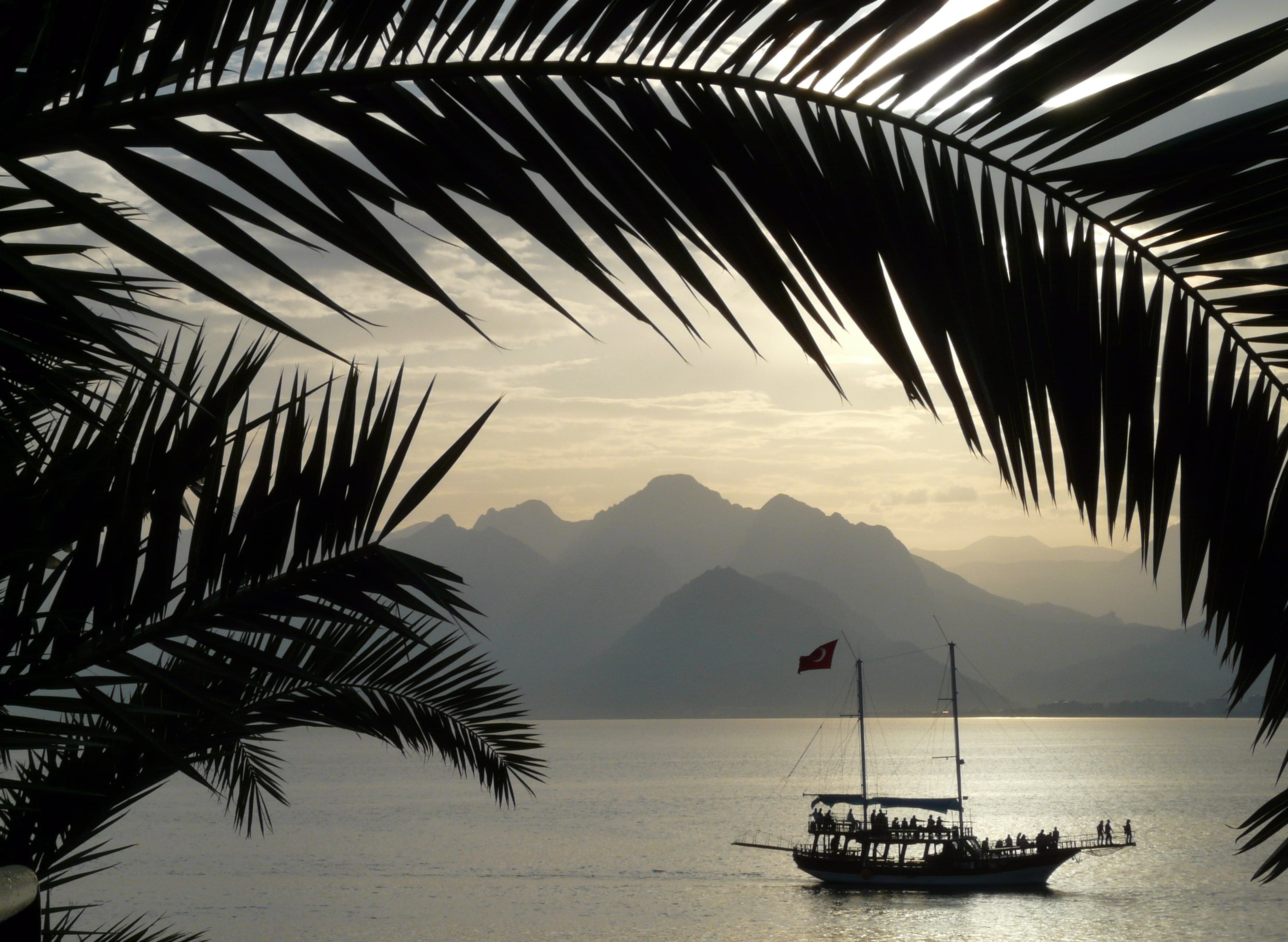 mountain, mountain range, taurus, nautical vessel, ship, palm trees, transportation, silhouette, taurus mountains, plant, 2K, two, outdoors, turkey, mode of transportation, HD Wallpaper