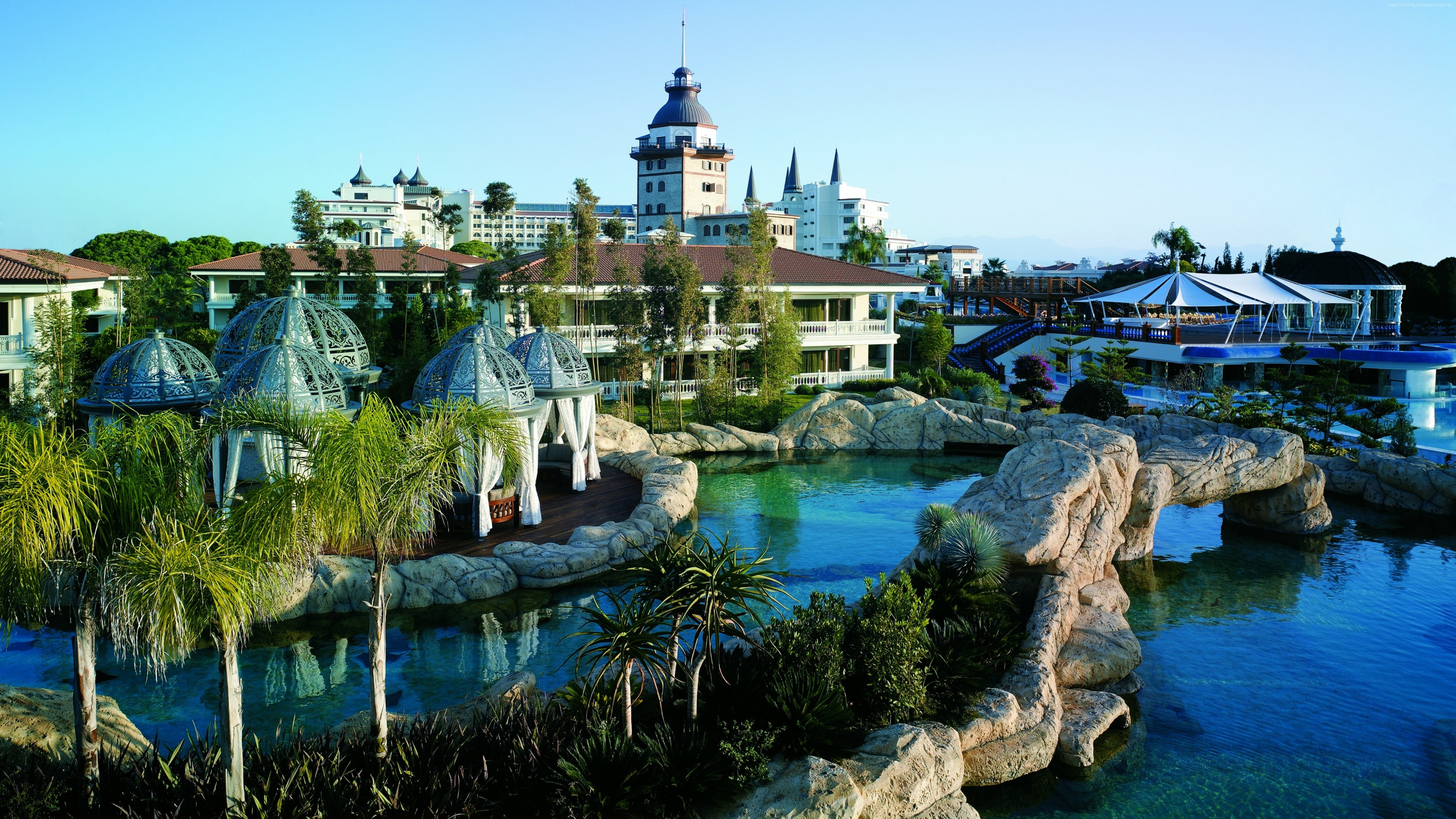 nature, antalya, outdoors, estate, no people, water, blue, place of worship, leisure, architecture, city, plant, river, resort, hotel, reflection, 4K, HD Wallpaper