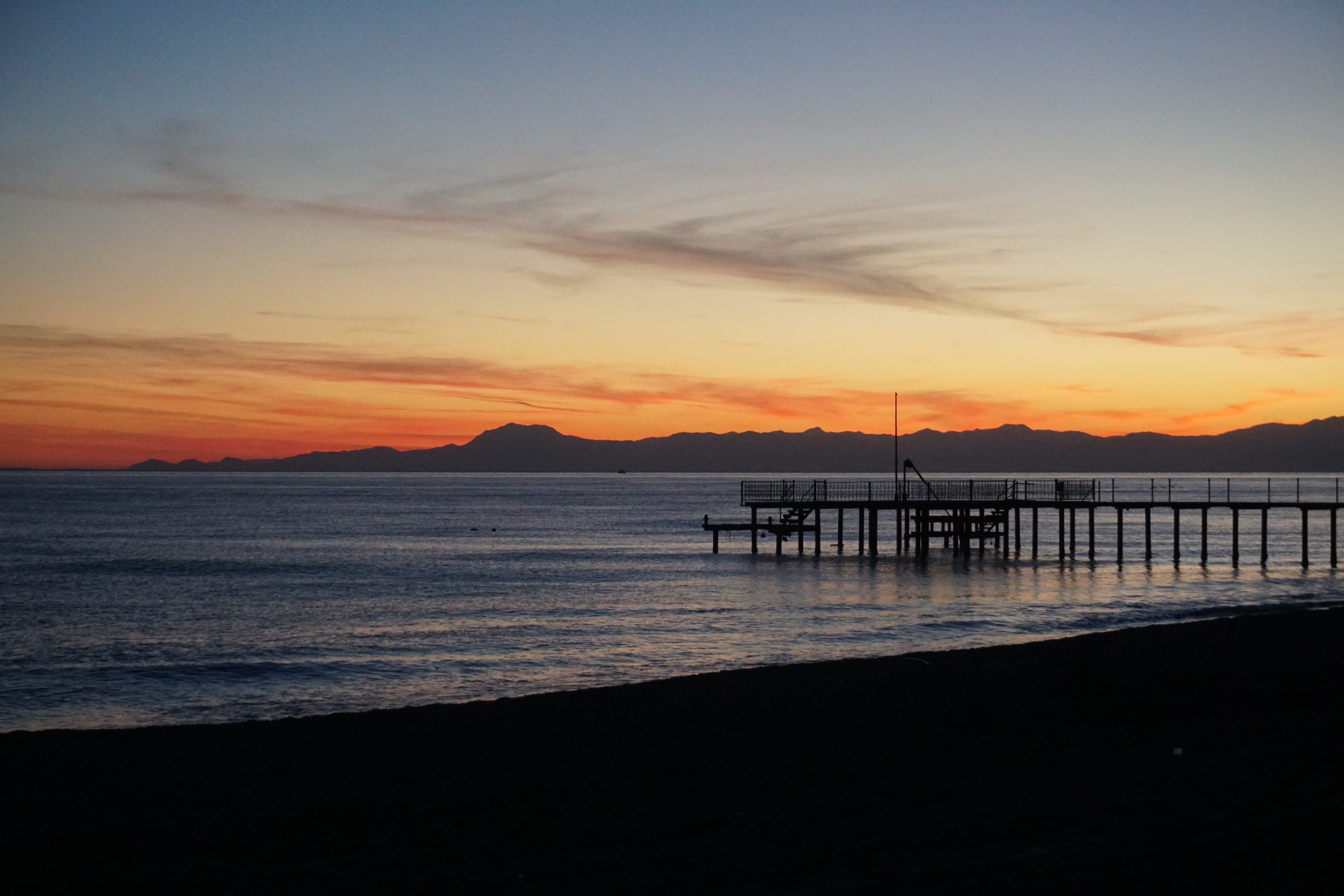 mountain, 5K, in the evening, silhouette, blue, antalya, pier, scenics - nature, orange color, water, beauty in nature, nature, marine, holiday, beach, HD Wallpaper