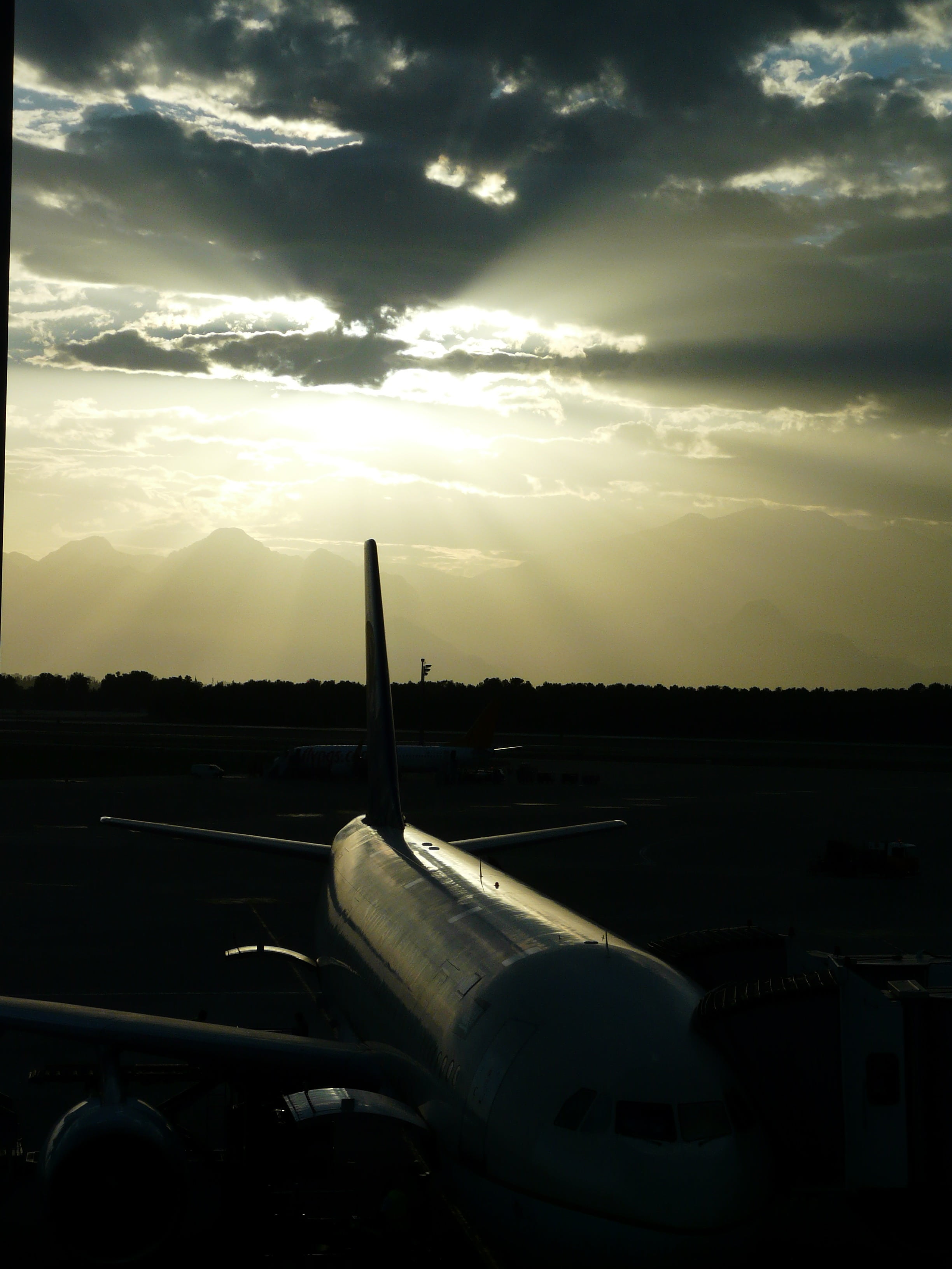 airplane, sunlight, antalya, mode of transportation, outdoors, turkey, departure, 2K, transparent, cloud - sky, mountains, land vehicle, sunset, arrival, Phone HD Wallpaper