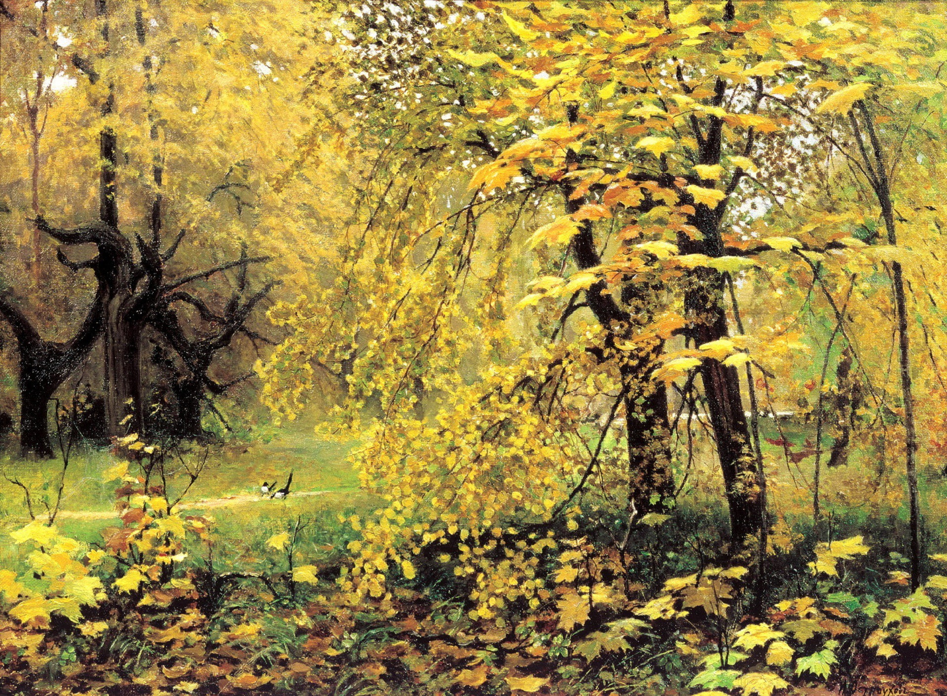 forest, Ostroukhov, 1080P, landscape, nature, magpies, Golden autumn, painting, picture, figure, HD Wallpaper