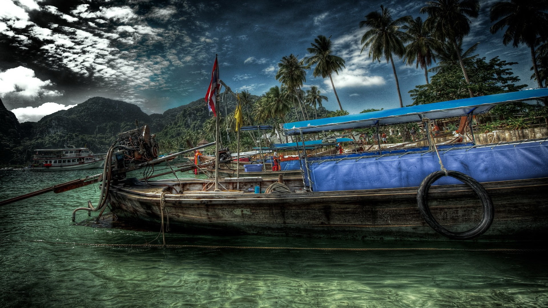 tree, moored, transportation, plant, island, 1080P, nautical vessel, no people, outdoors, clouds, HDR, mountain, cloud - sky, mode of transportation, coconut palm tree, HD Wallpaper