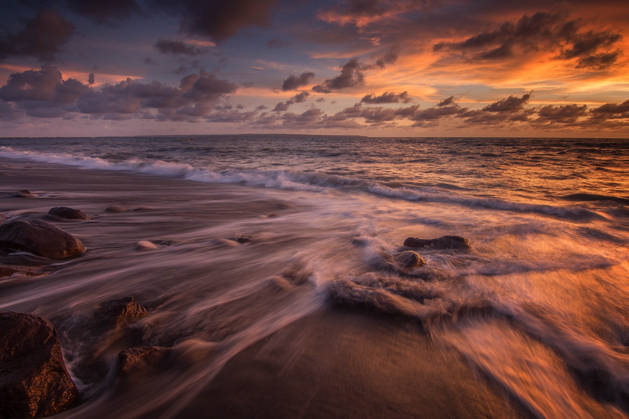 sea, long exposure, far view, nature, photography, clouds, rocks, landscape, 1080P, HD Wallpaper