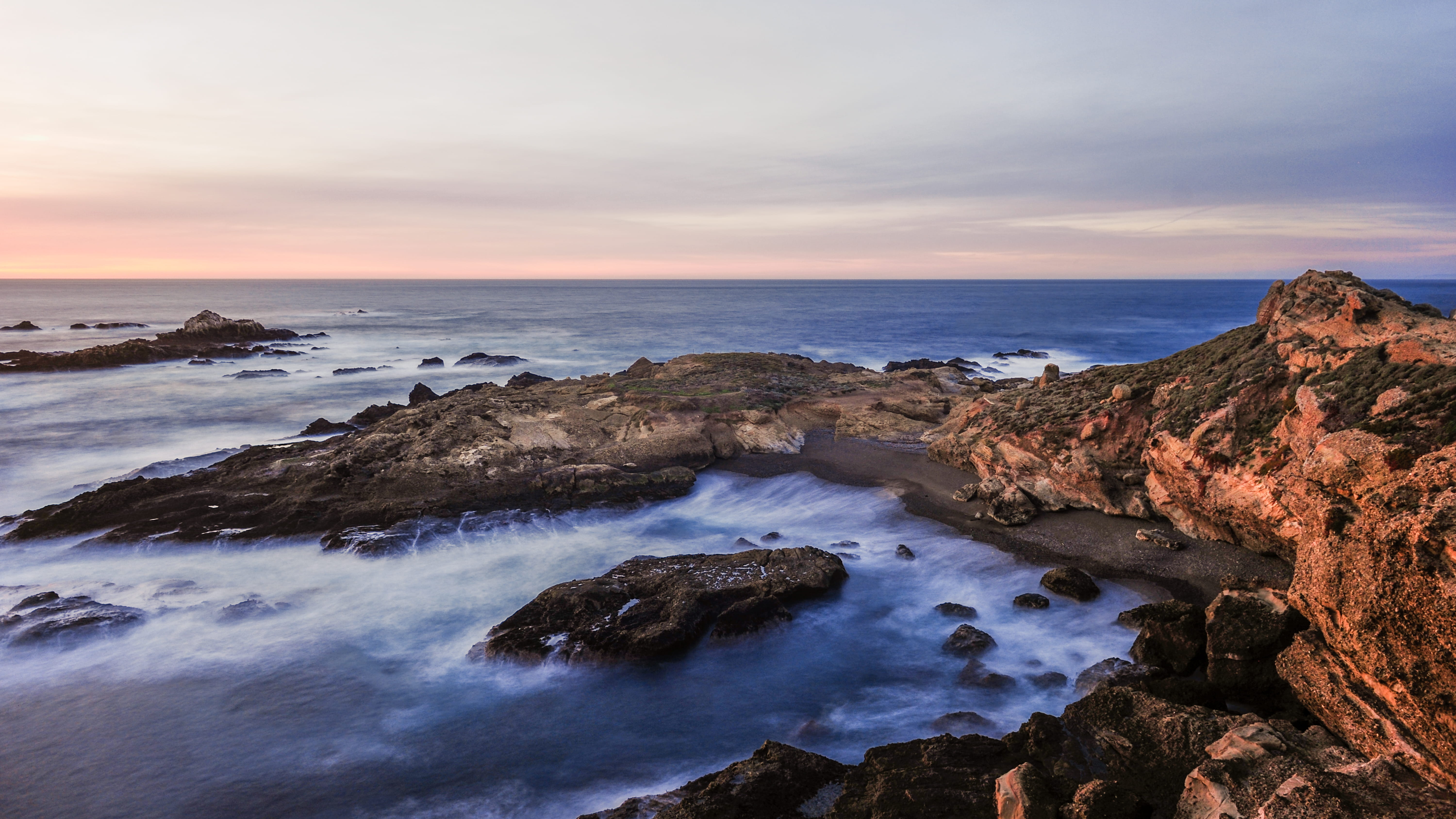 rock - object, cove, sunset, point lobos, shoreline, body, beach, outdoors, promontory, tranquility, solid, scenics - nature, rock, ocean, flowing water, HD Wallpaper