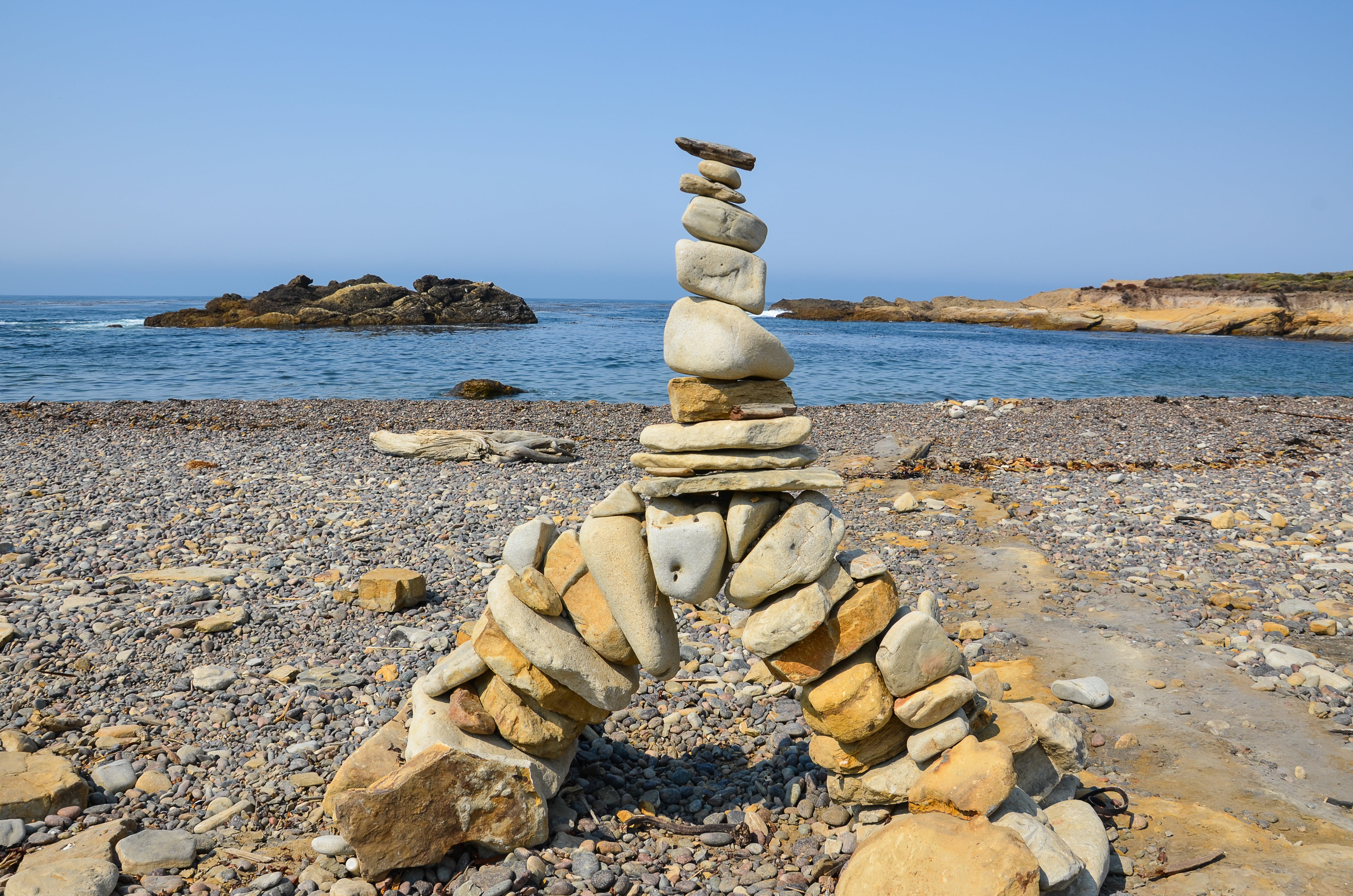 horizon over water, sea, pebble, rock - object, day, shore, beach, rock, stack, gray, stacked stones, america, land, usa, sky, wave, california, no people, HD Wallpaper