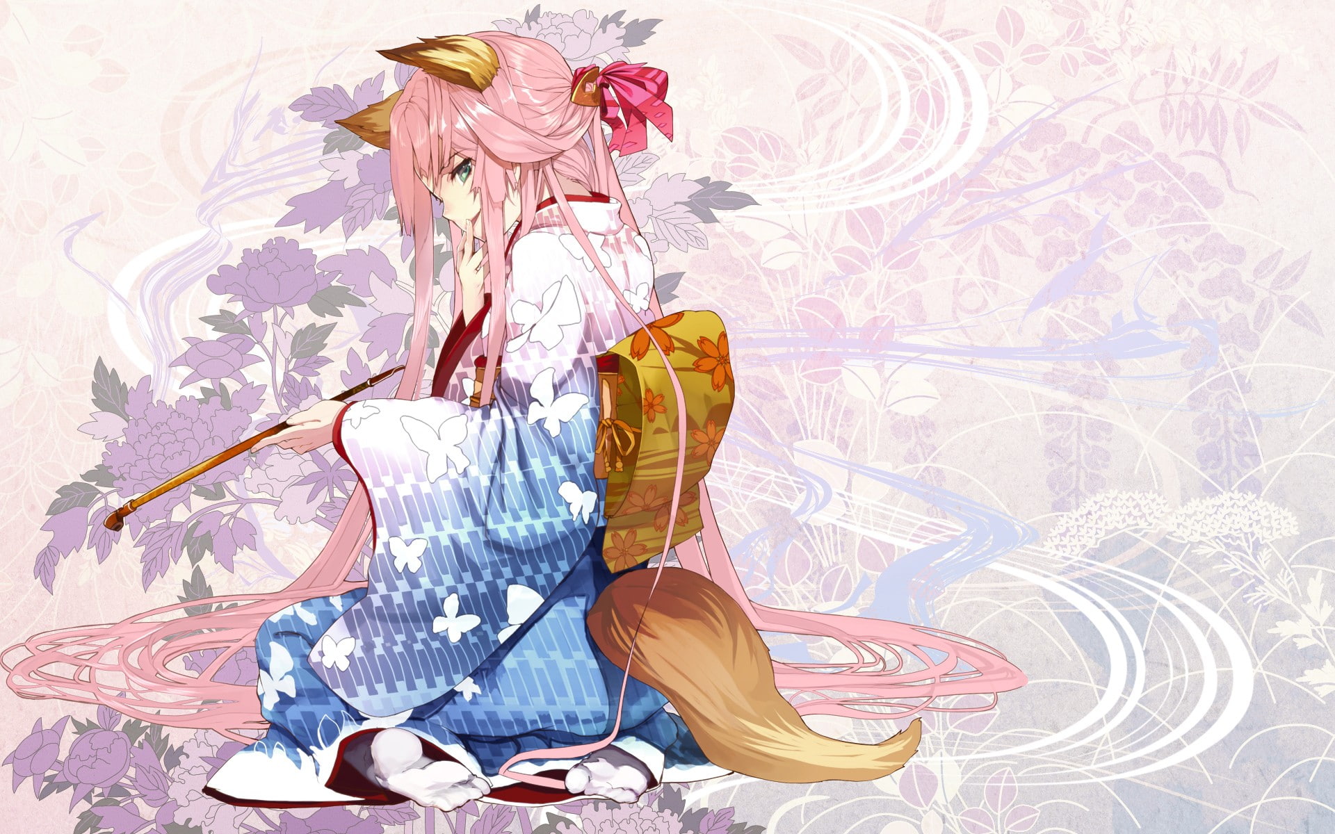 anime, kitsunemimi, original characters, kimono, anime girls, fox girl, 1080P, HD Wallpaper