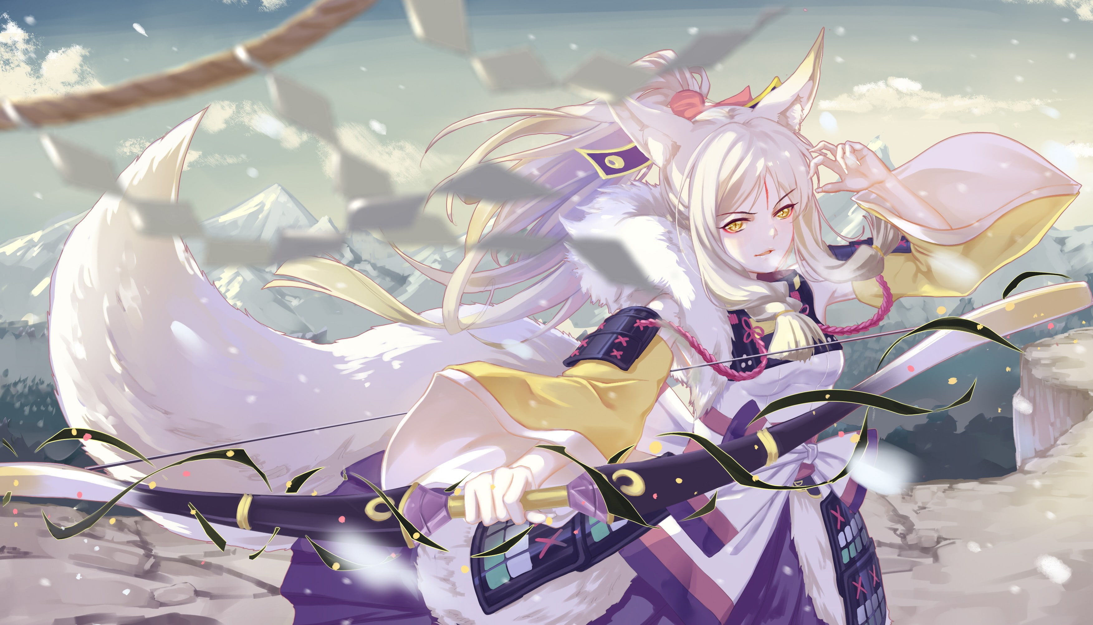 anime girls, bow, kitsunemimi, looking at viewer, white hair, 2K, HD Wallpaper
