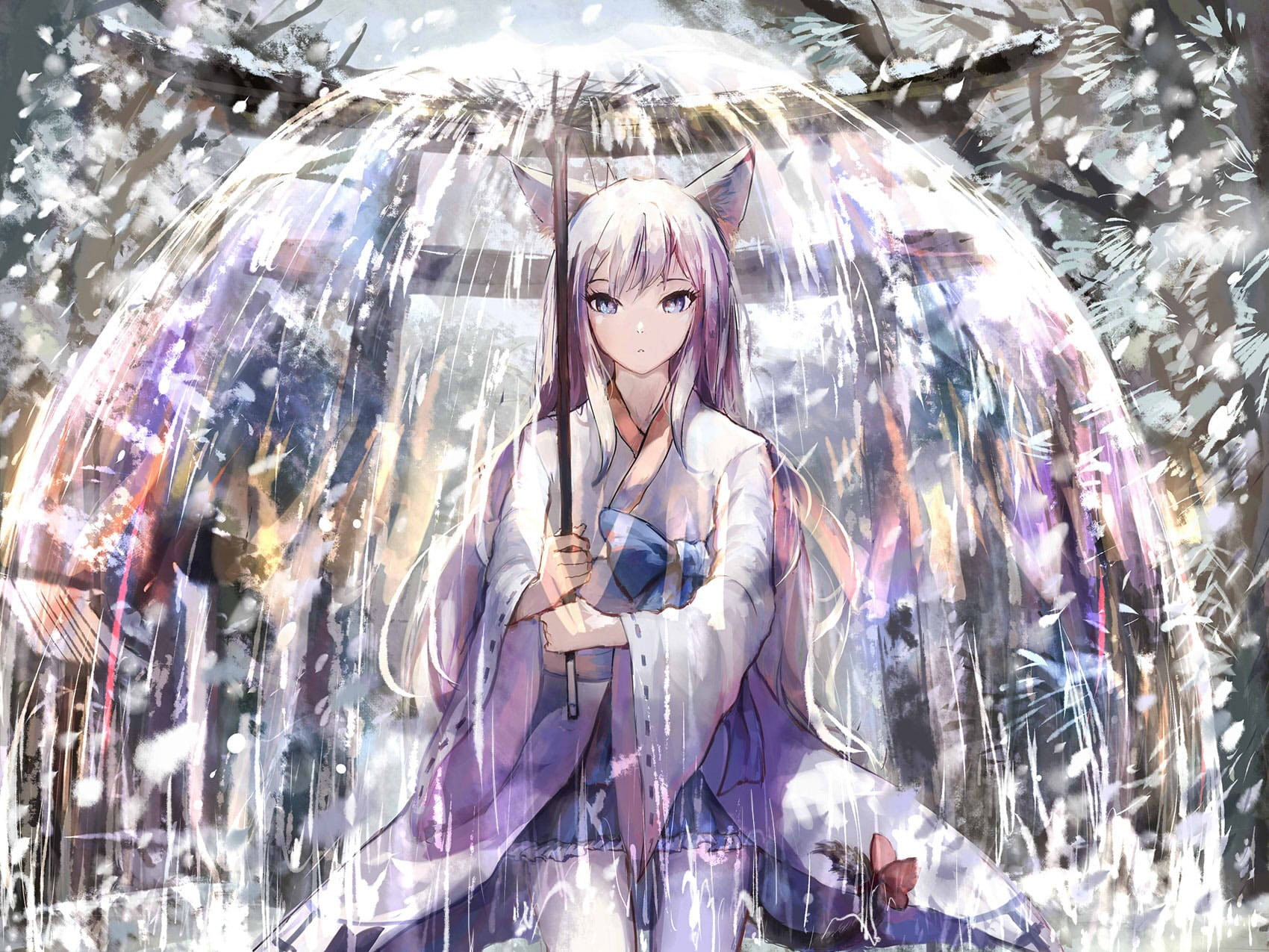 original characters, Japanese clothes, snow, animal ears, anime girls, 720P, Pixiv Fantasia, kitsunemimi, anime, HD Wallpaper