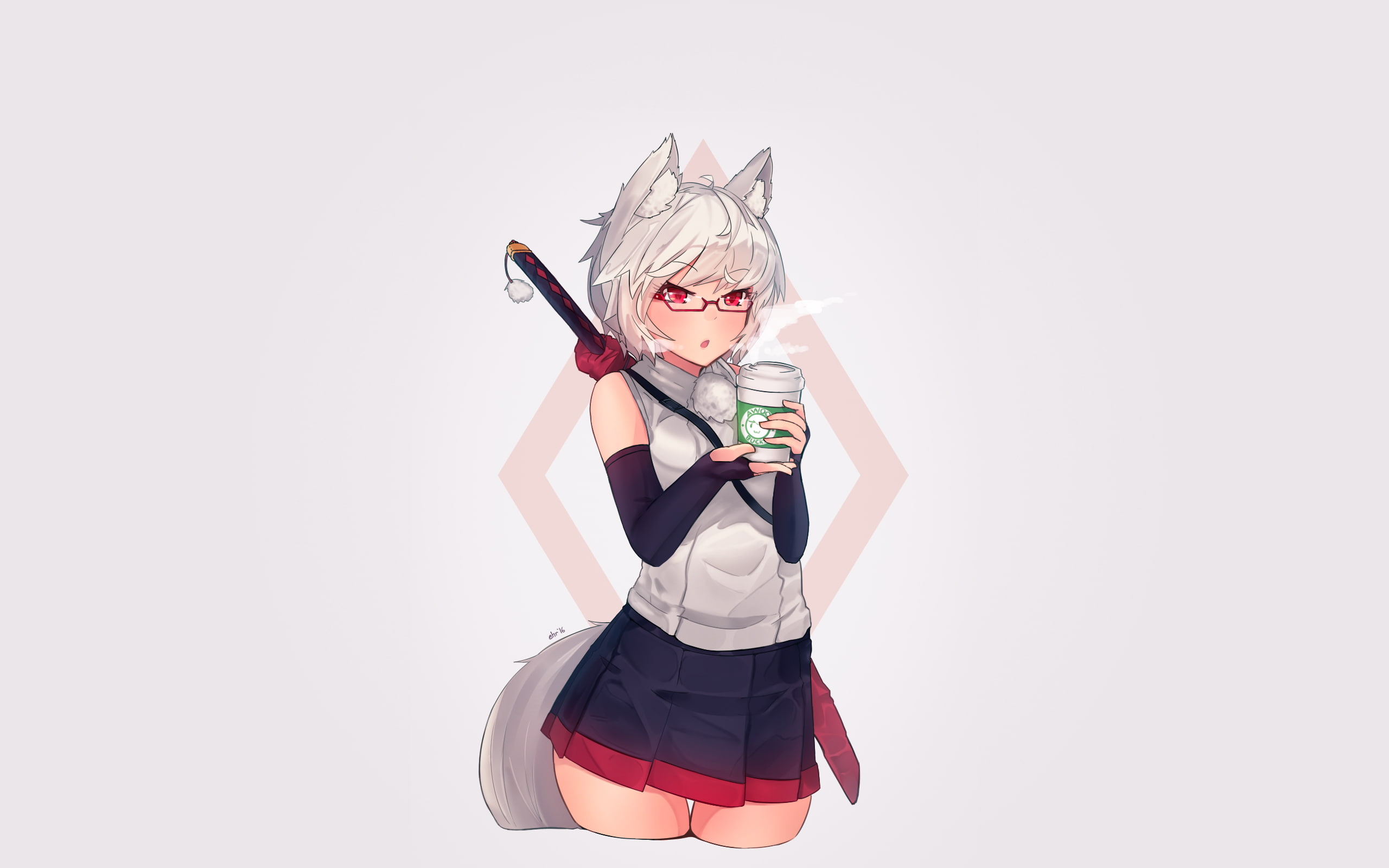 simple background, wolf girls, ehrrr, kitsunemimi, original characters, anime, 2K, HD Wallpaper