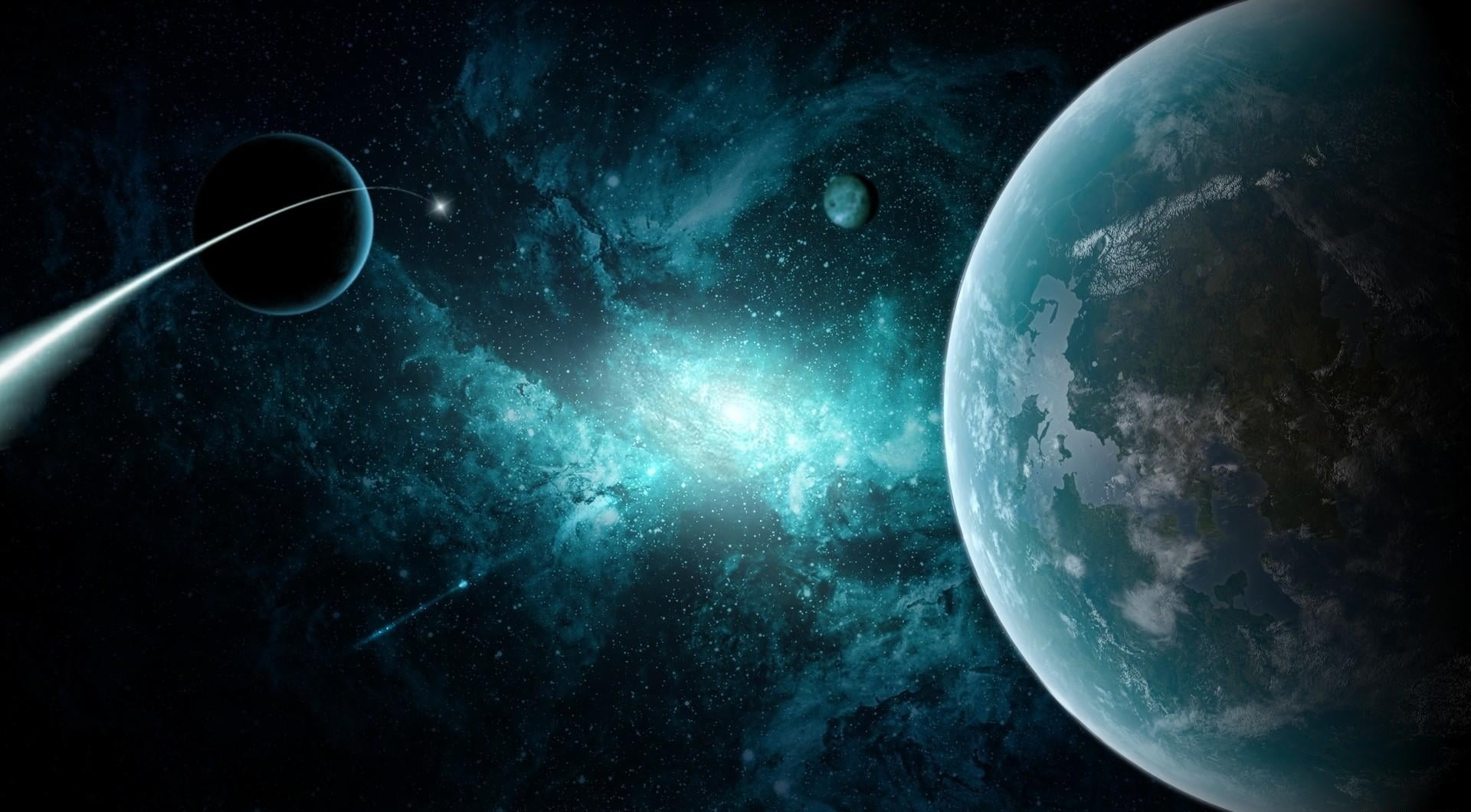 space exploration, planets, three, stratosphere, orbiting, digital composite, star Field, three Dimensional, night, blue, sea, backgrounds, space, star - Space, HD Wallpaper