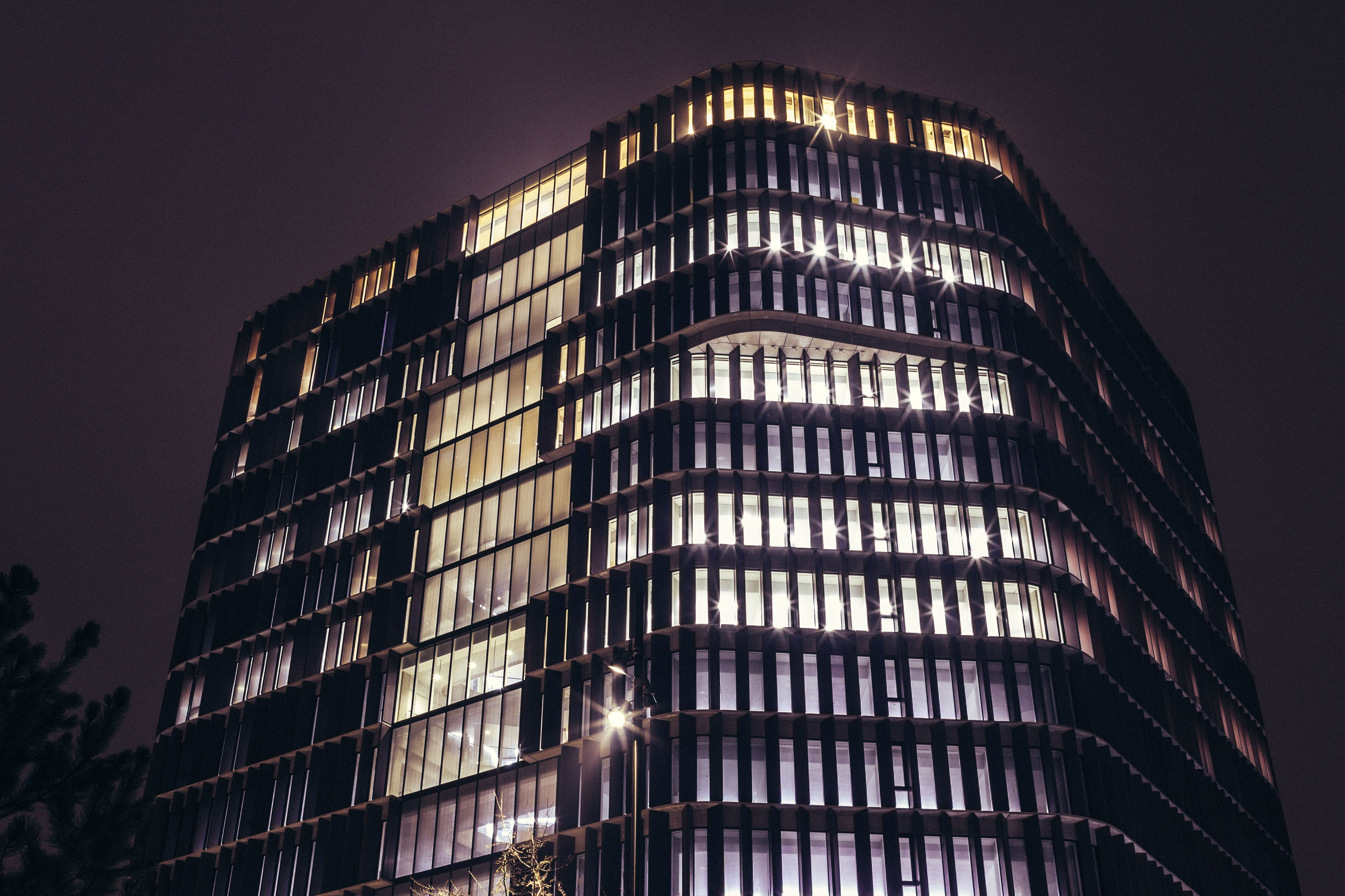 silver colored, outdoors, travel destinations, facade, skyscraper, at night, no people, business, low angle view, 4K, reflection, illuminated, dusk, office, HD Wallpaper