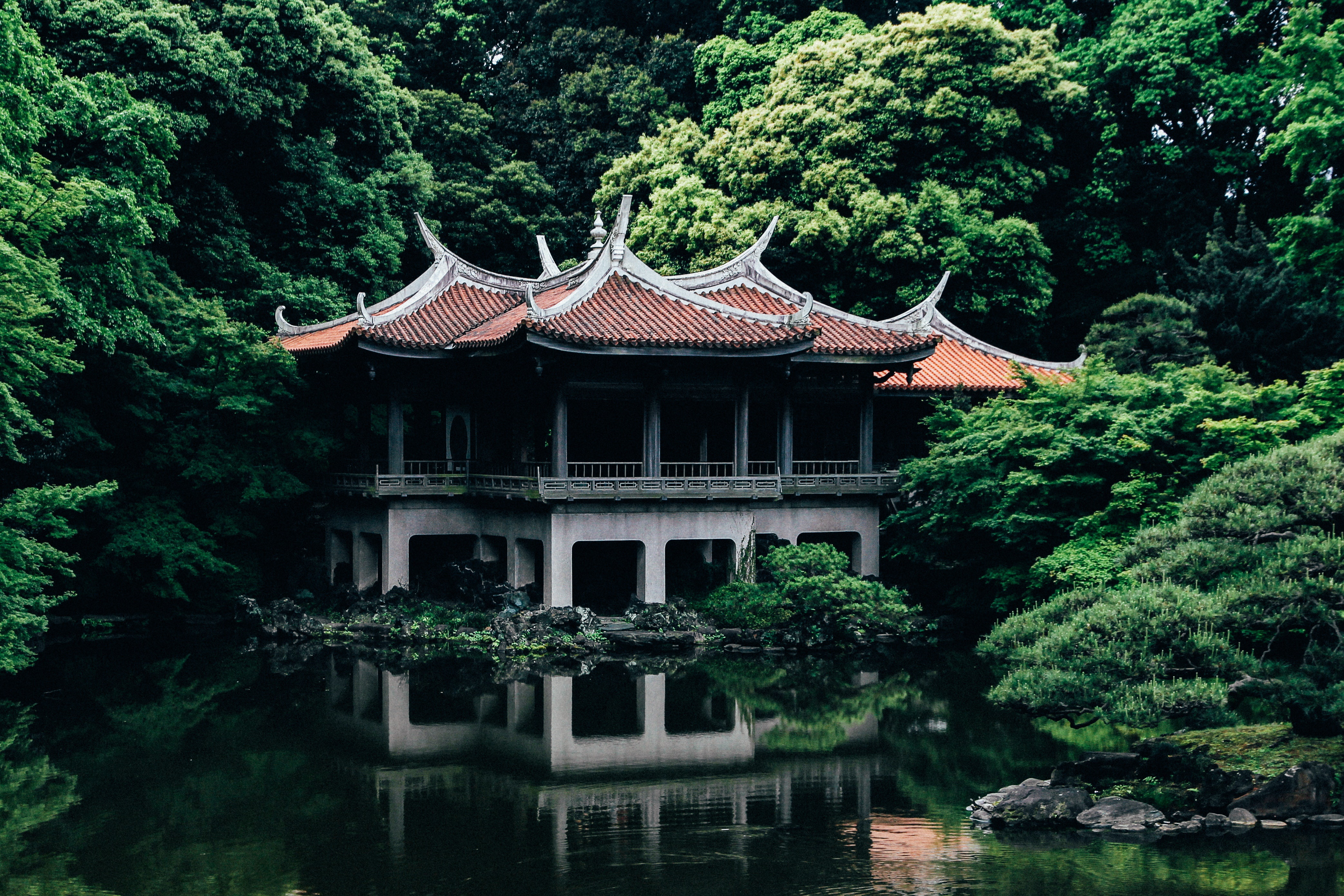 Shinjuku Gyoen old Goryotei, Japan, Nature, Lake, Temple, Trees, Tokyo, Architecture, 4K, HD Wallpaper