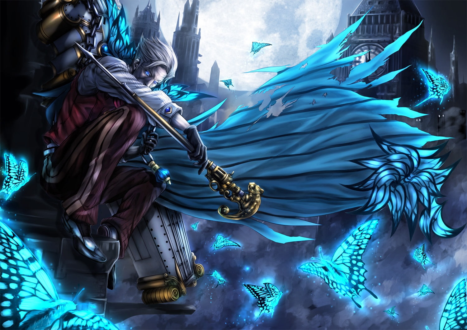 eyes, konachan, gray, fate, aqua, butterfly, male, short, gloves, shinjuku, grand, archer, city, all, harukaze, order, 245636, bou, 720P, com, hair, (series), HD Wallpaper