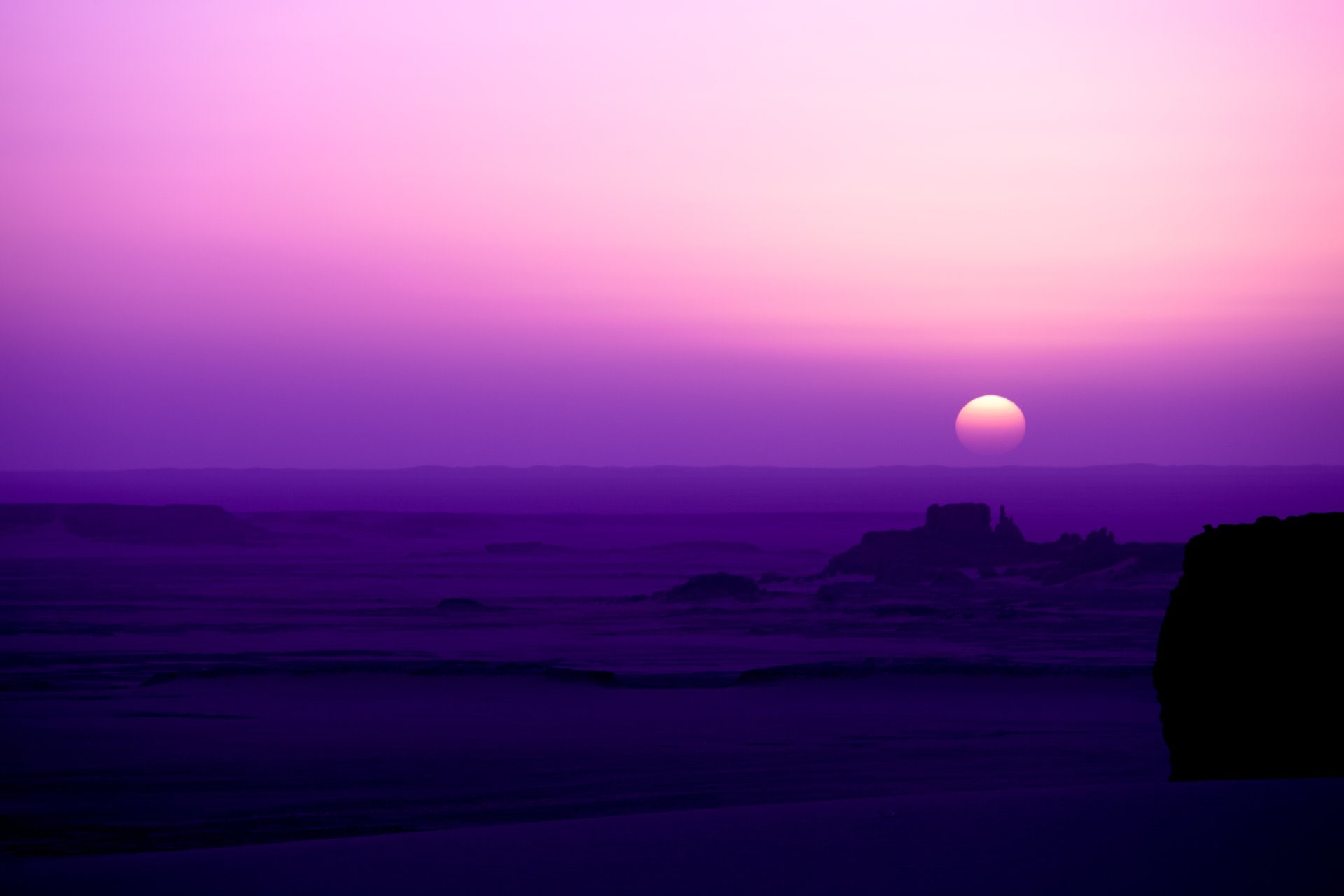 1080P, tranquil scene, Tassili NAjjer, Purple, water, silhouette, Dune, pink color, romantic sky, sunset, outdoors, twilight, Earth, sun, Sky, Desert, HD Wallpaper