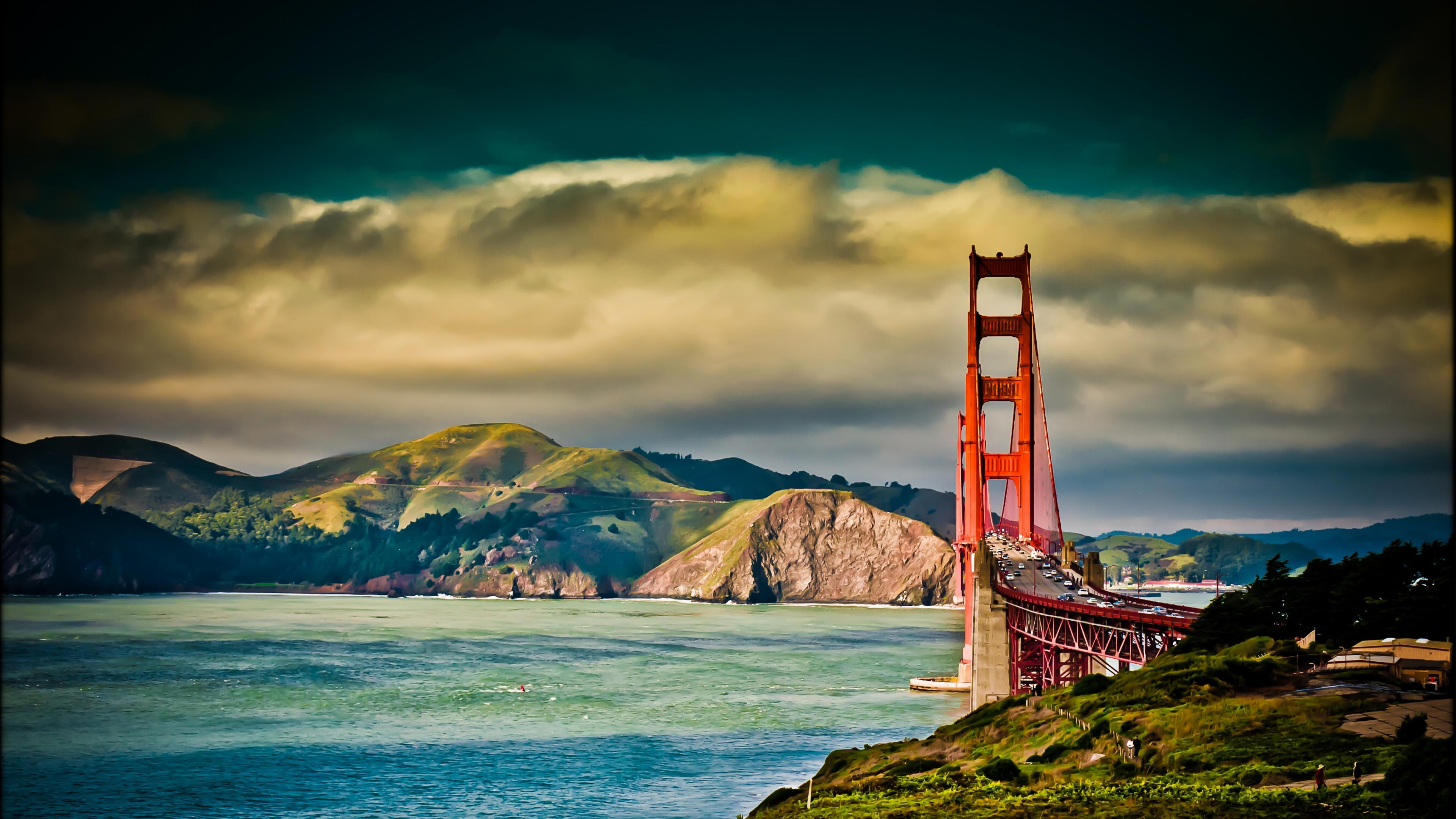 sky, river, 4K, san, bridge, ultra, cloudy, francisco, hd, HD Wallpaper