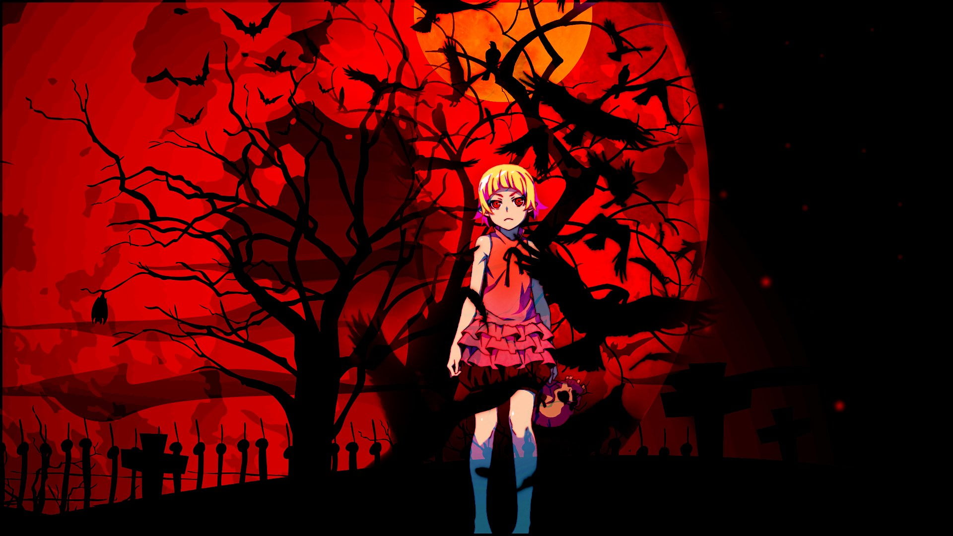 lifestyles, silhouette, dancing, Anime, young adult, Kiss-shot Acerola-orion Heart-under-blade, night, red, 1080P, Shinobu Oshino, three quarter length, HD Wallpaper