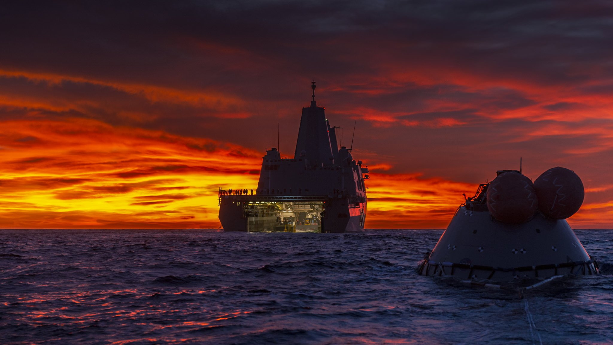 sunset, nature, 1080P, Orion Space Capsule, Pacific Ocean, sea, ship, HD Wallpaper