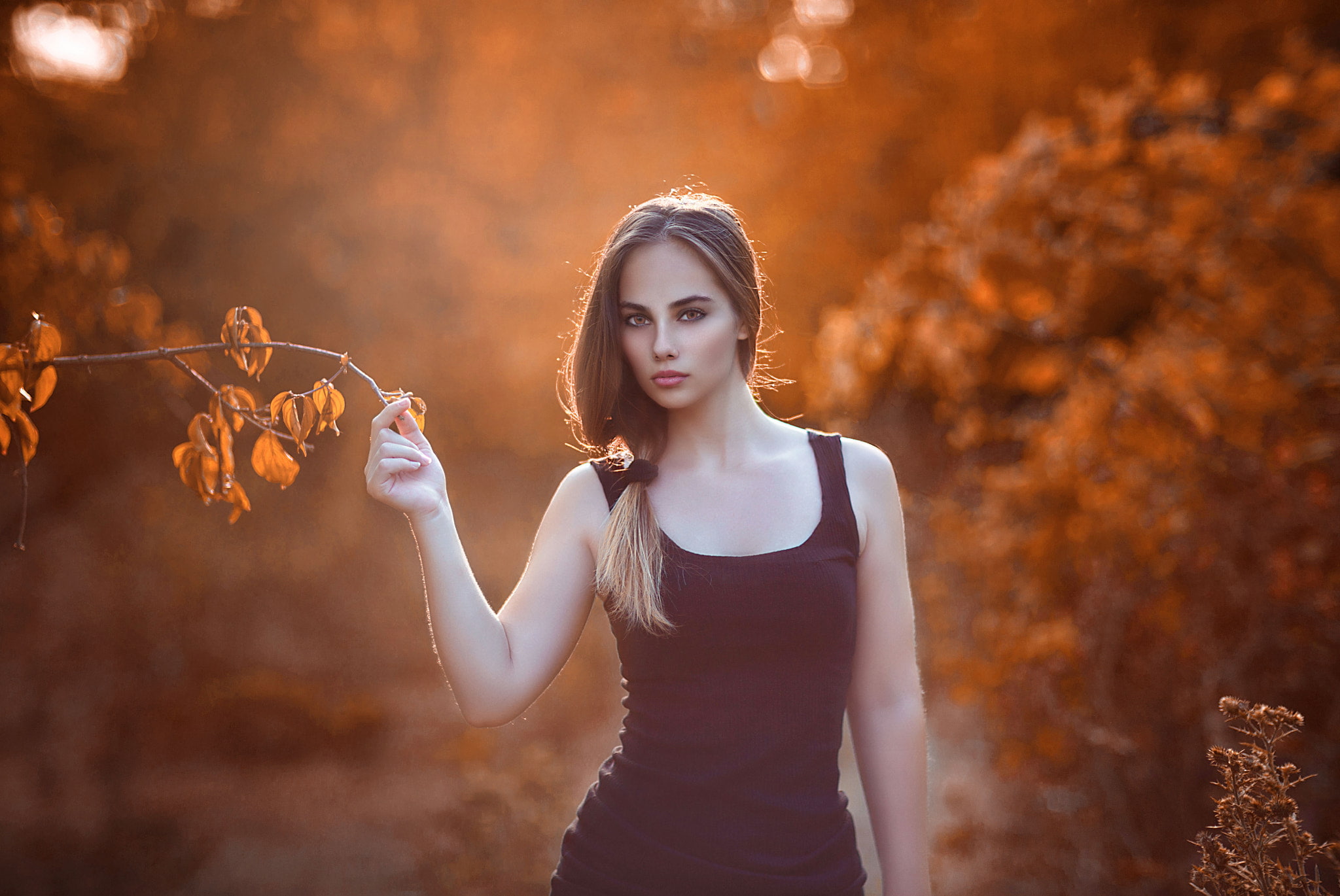 portrait, 1080P, black dress, women, looking at viewer, depth of field, women outdoors, bare shoulders, blonde, HD Wallpaper