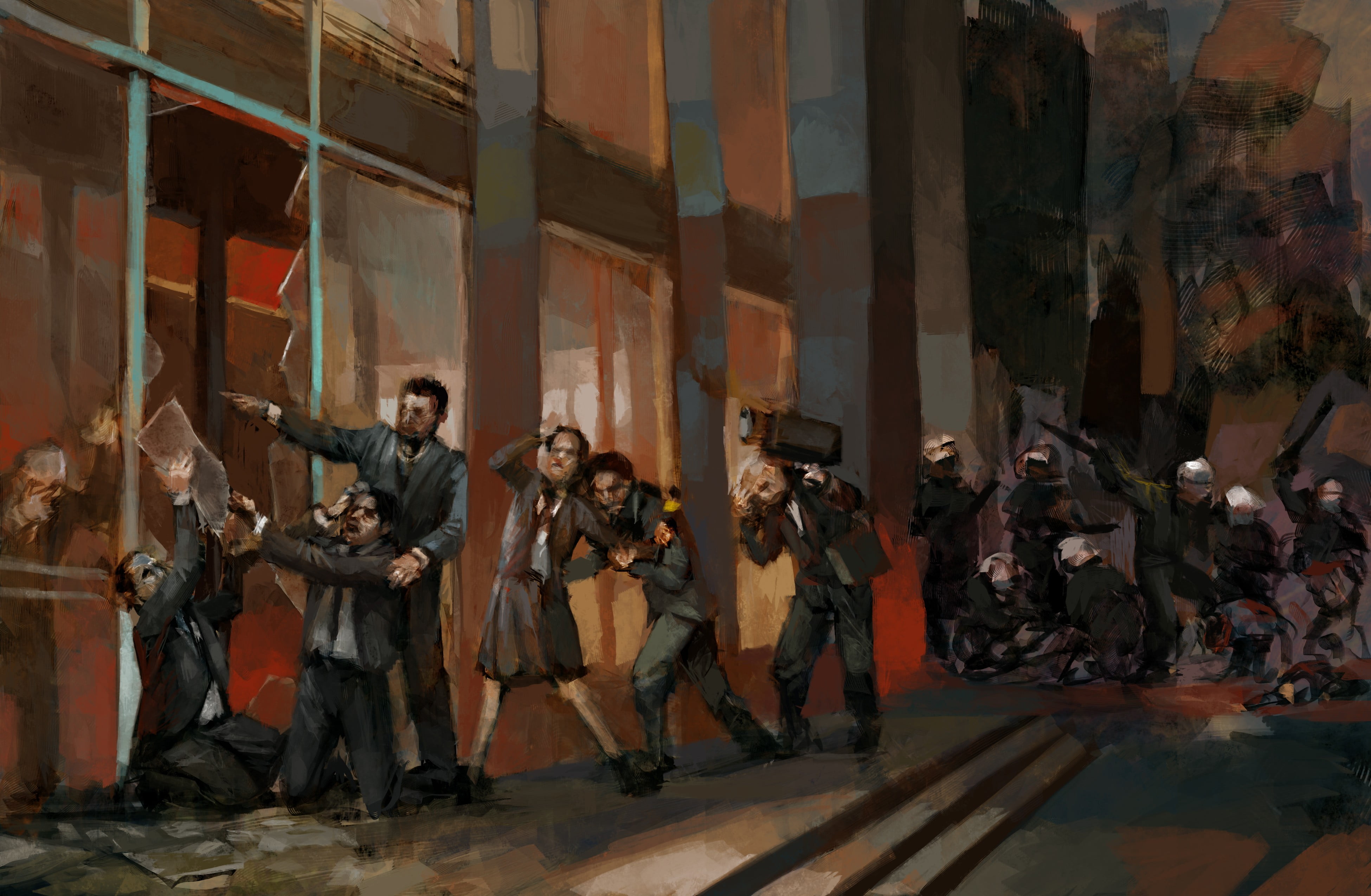 standing, architecture, four, adult, real people, front view, Anarchy , crowd, young adult, day, skill, young men, gun, full length, indoors, group of people, HD Wallpaper