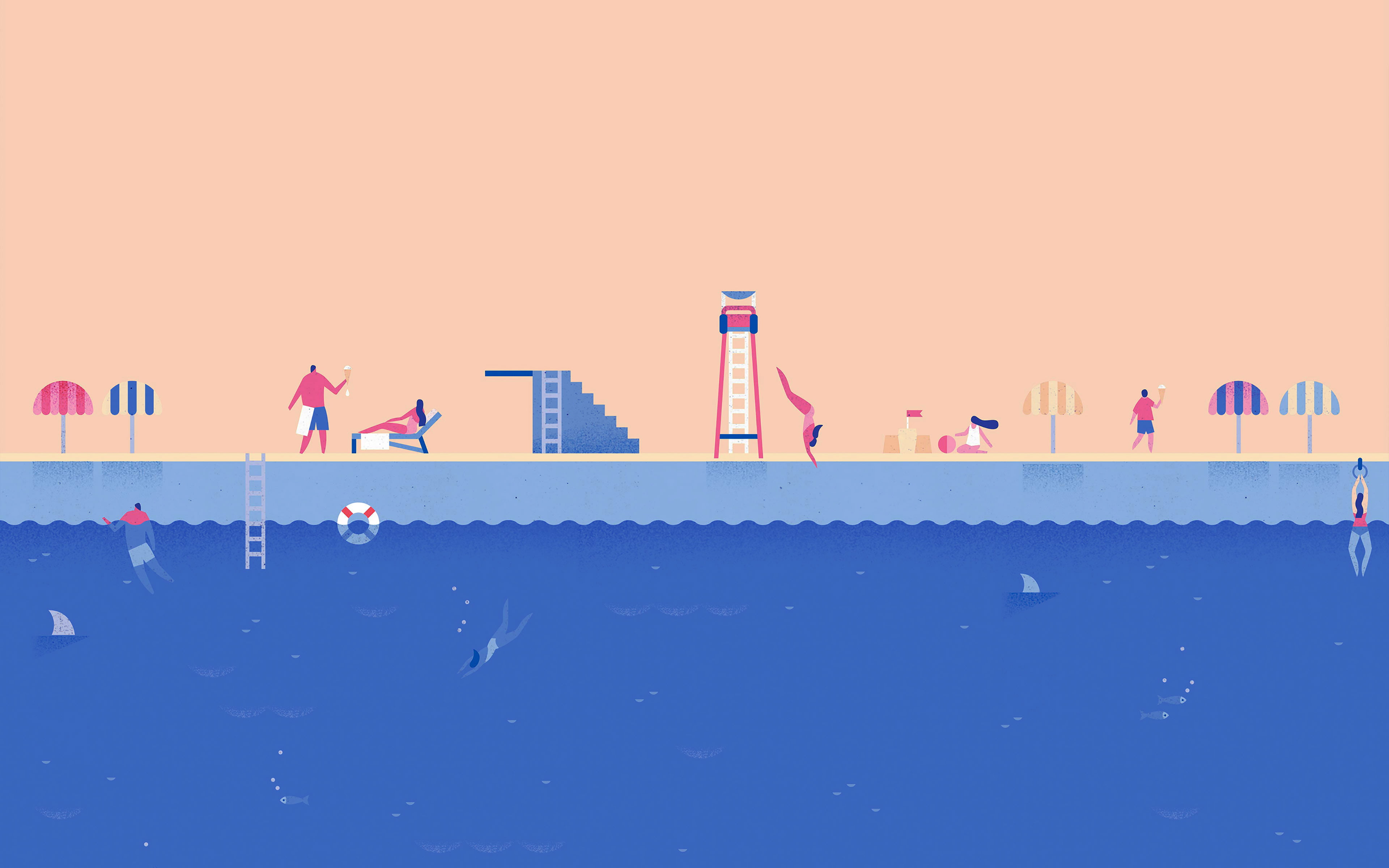 waterfront, art, google, lollipop, nature, architecture, mode of transportation, swim, sky, water, 4K, group of people, illust, real people, outdoors, HD Wallpaper