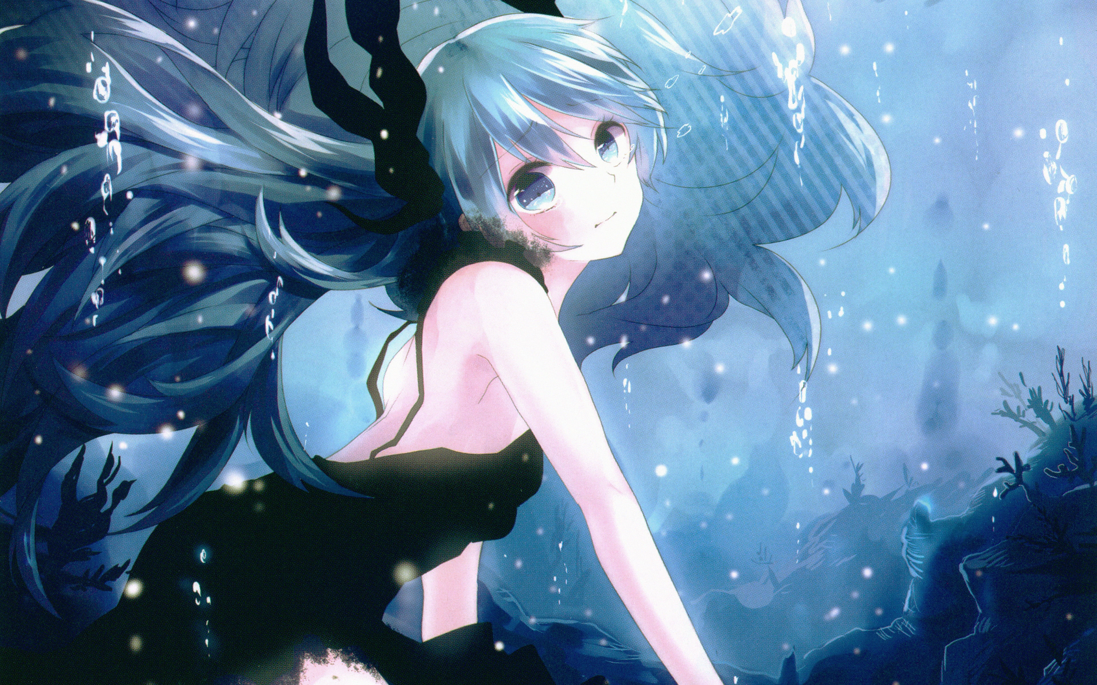 beautiful woman, animals in the wild, illust, women, art, blue, young women, girl, swimming, group of animals, 4K, water, one person, deep, fish, sea life, HD Wallpaper
