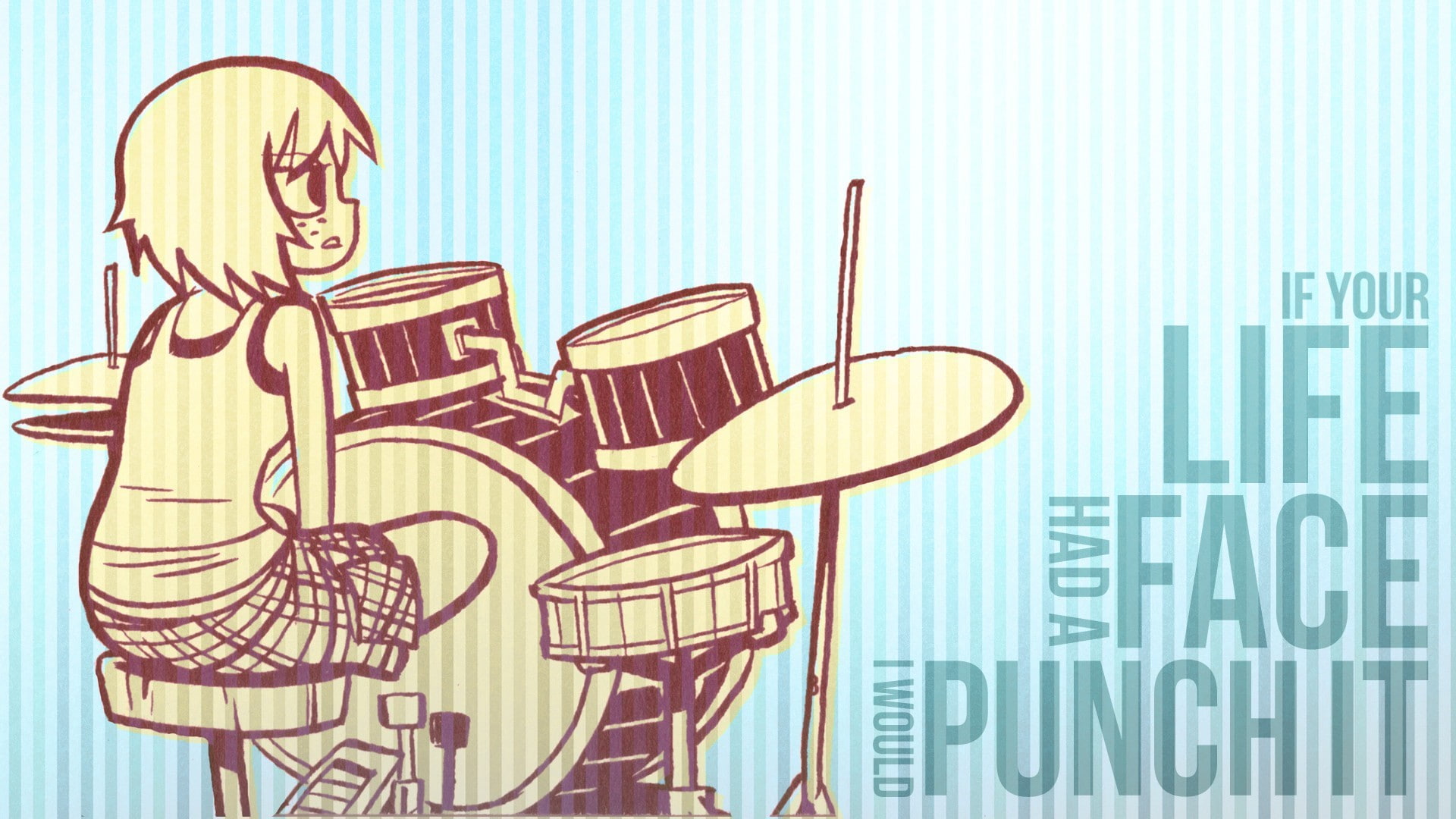 indoors, art and craft, 1080P, drums anime girls quote scott pilgrim, glass, coffee - drink, table, pattern, text, ready-to-eat, no people, food and drink, HD Wallpaper