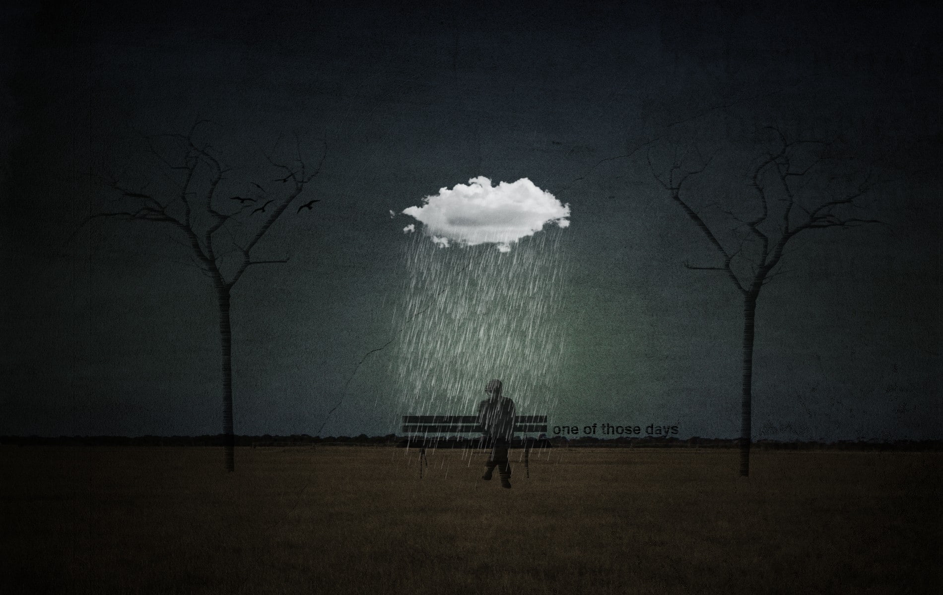 sitting, digital art, rain, artwork, Horizon, Trees, Silhouette, men, ground, bench, quote, Alone, 720P, clouds, HD Wallpaper