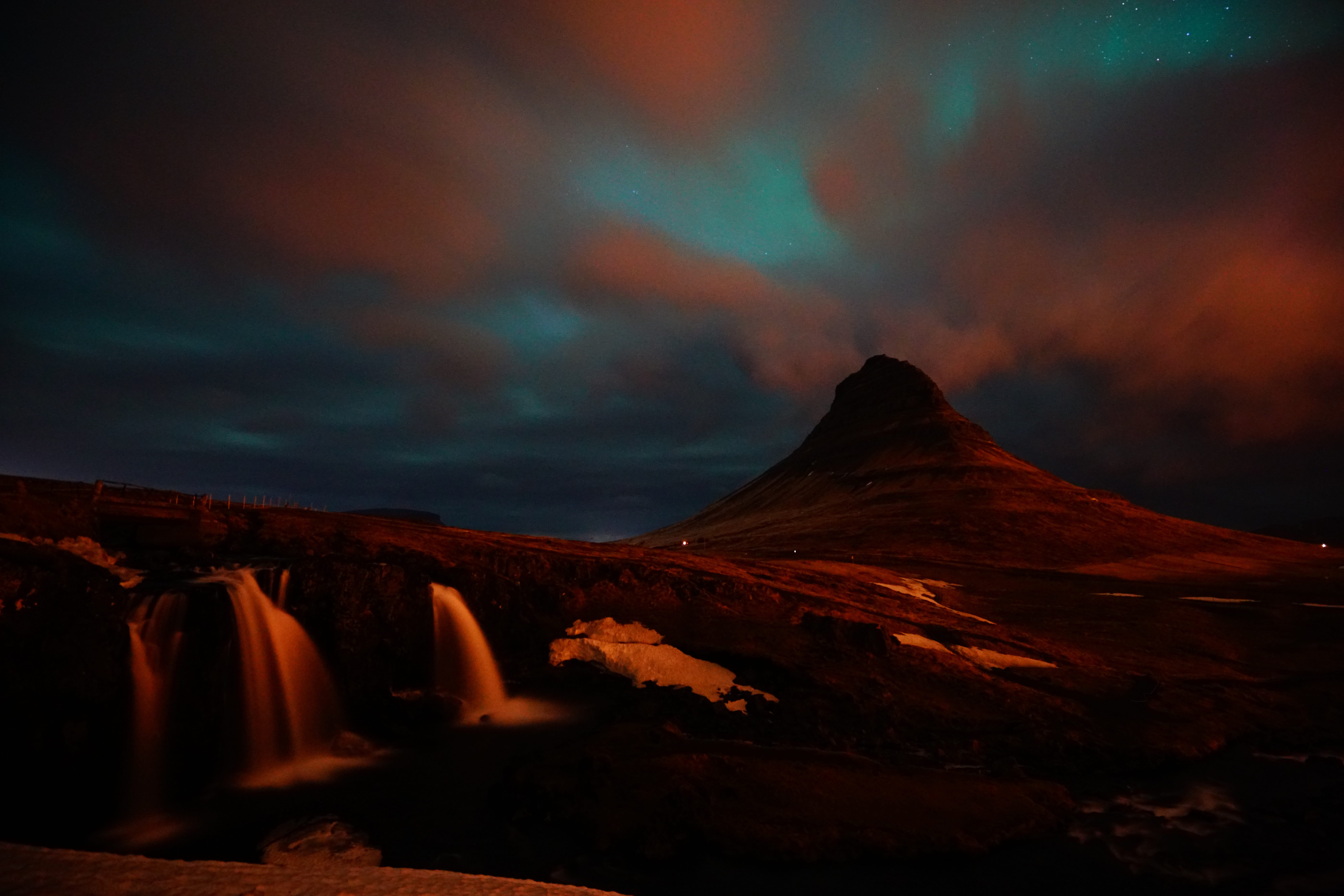 mood, aurora, tranquil scene, nature, dramatic sky, waterfalls, night, cloud - sky, idyllic, landscape, magic, scenics - nature, rock, mountain peak, 8K, HD Wallpaper
