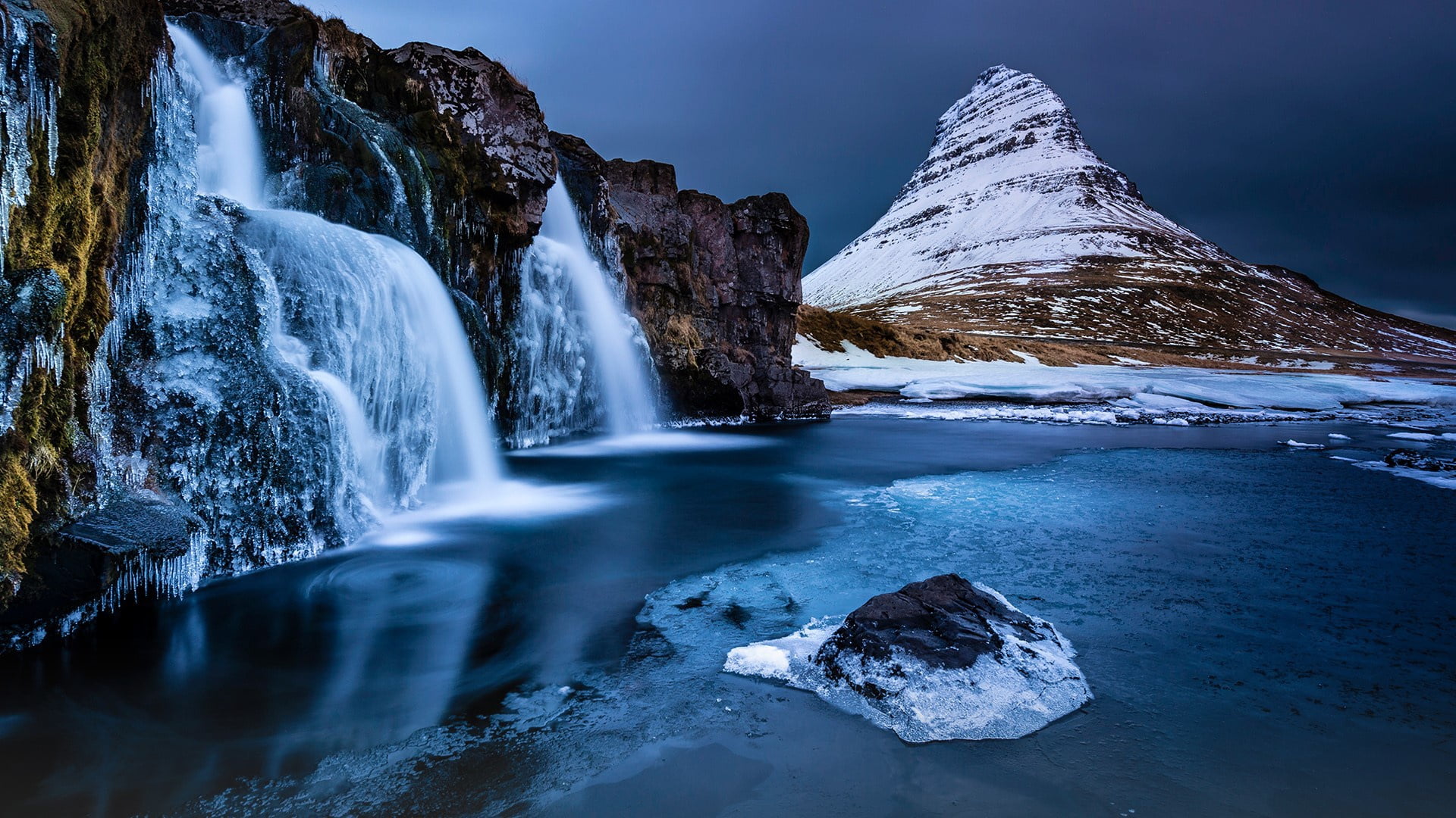 long exposure, nature, landscape, 1080P, ice, winter, snow, Kirkjufell Mountain, photography, snowy peaks, lake, Kirkjufell, Iceland, waterfall, HD Wallpaper