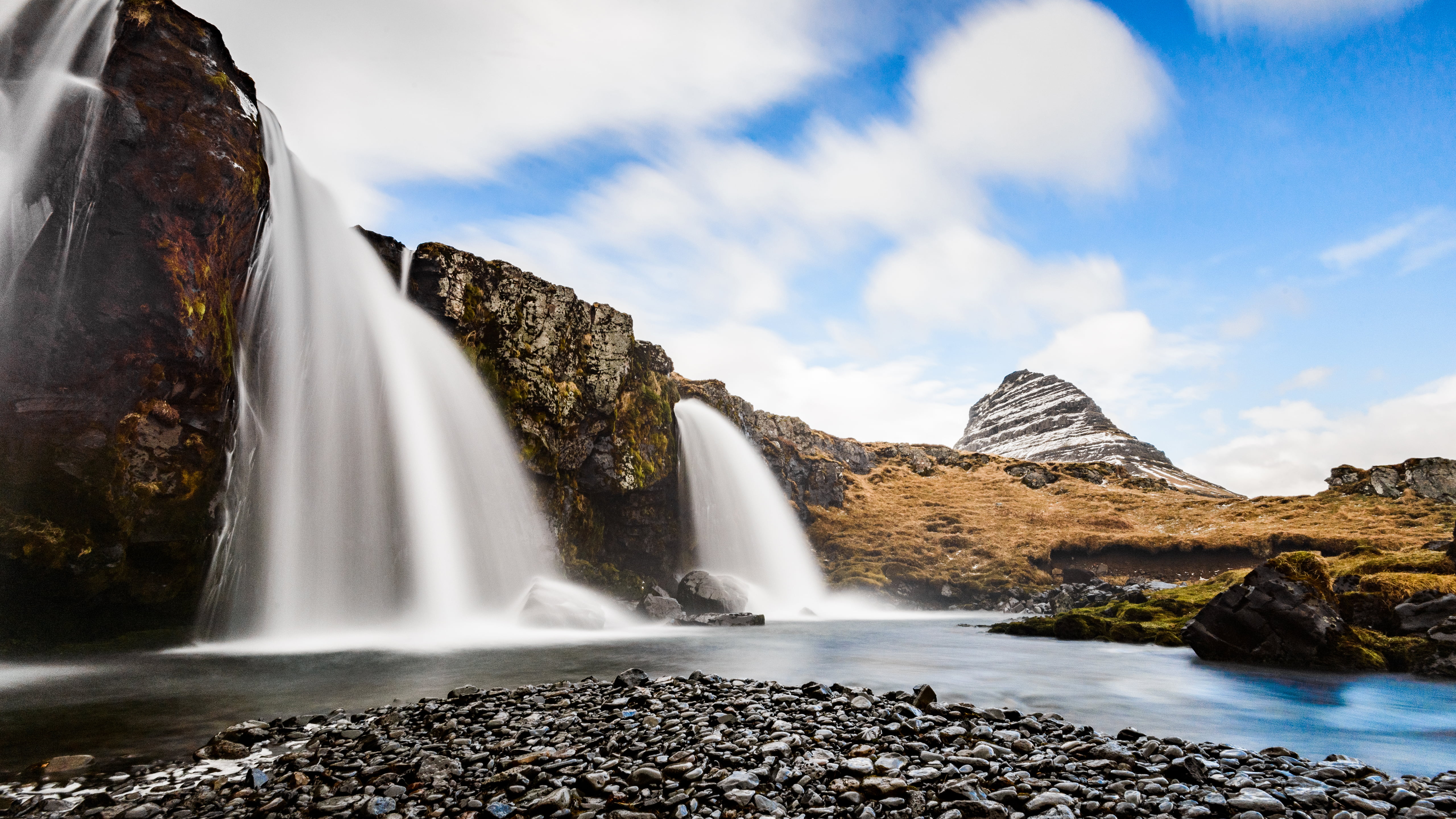 Kirkjufell, landscape, long exposure, nordic landscapes, 5K, waterfall, nature, mountain top, Iceland, HD Wallpaper